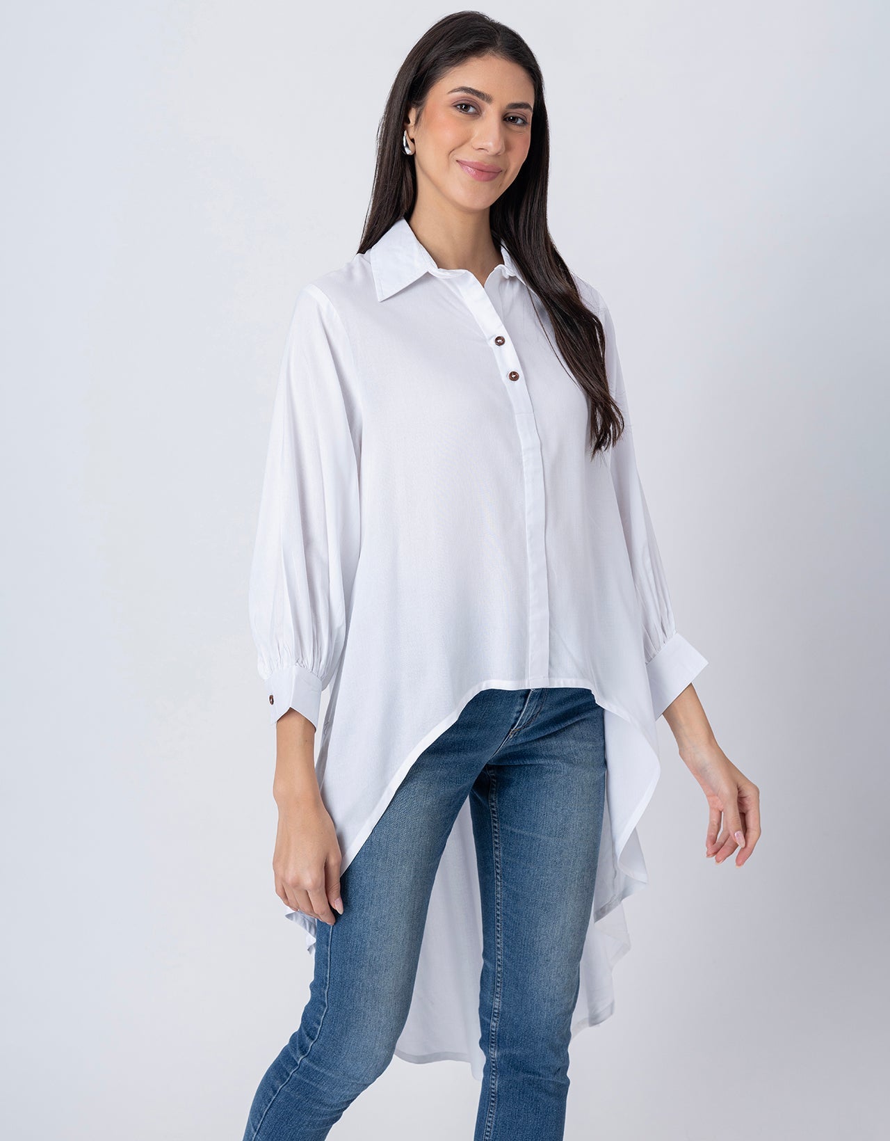 Asymmetrical Long Shirt Top,Classic Collar Casual Top