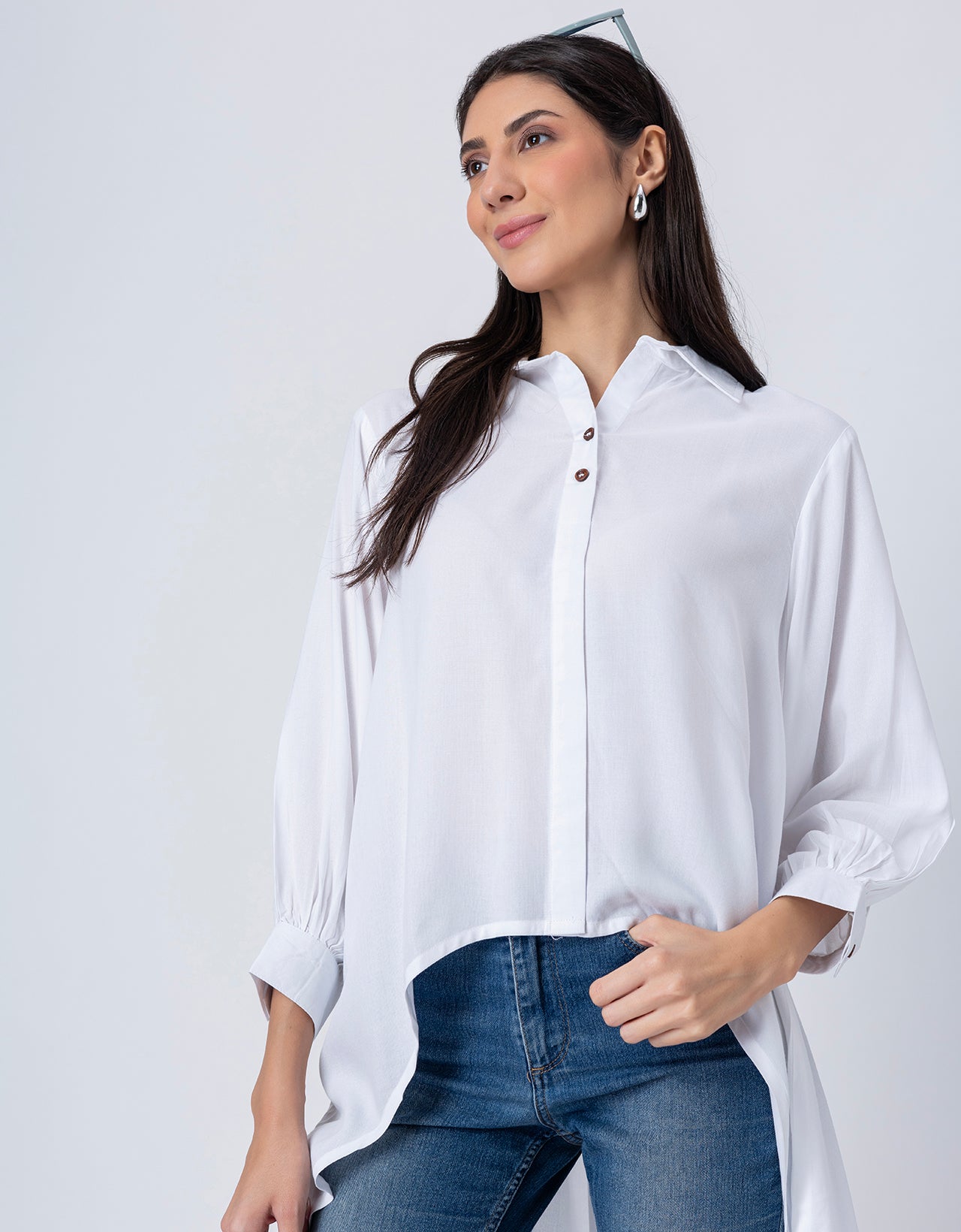 Asymmetrical Long Shirt Top,Classic Collar Casual Top