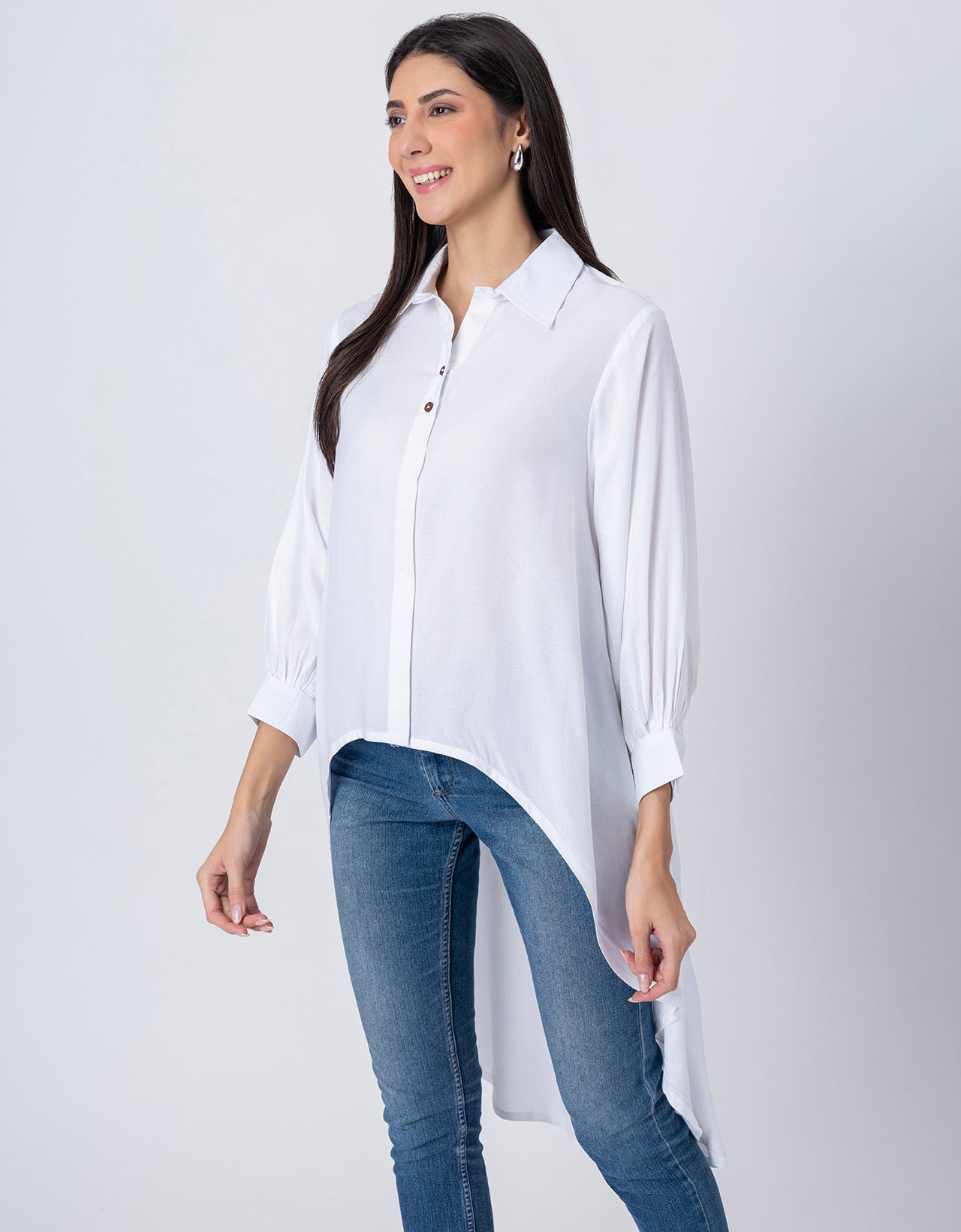 Asymmetrical Long Shirt Top,Classic Collar Casual Top