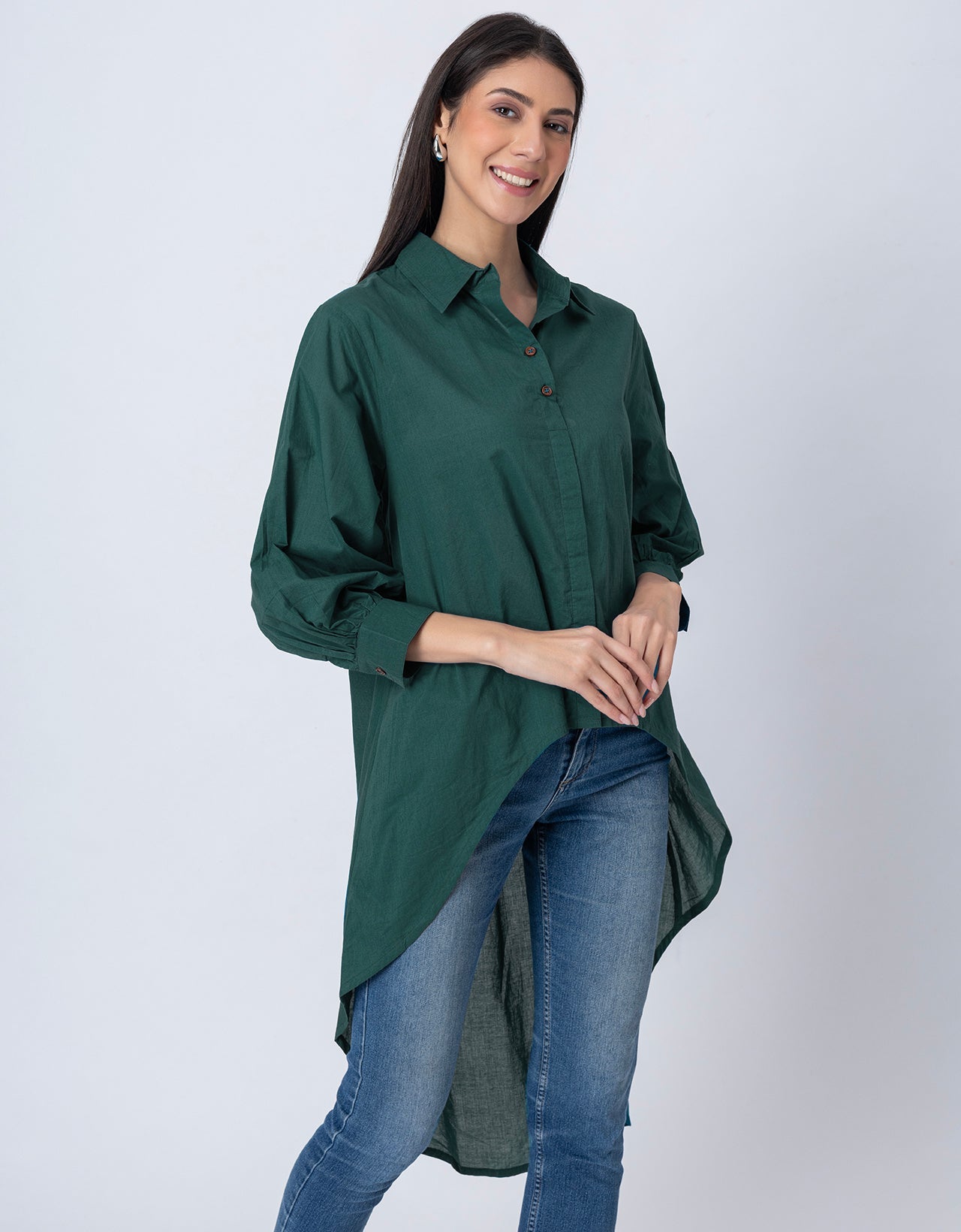 Asymmetrical Long Shirt Top,Classic Collar Casual Top