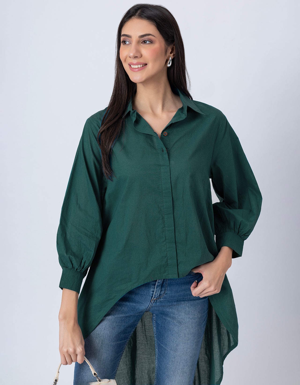 Asymmetrical Long Shirt Top,Classic Collar Casual Top