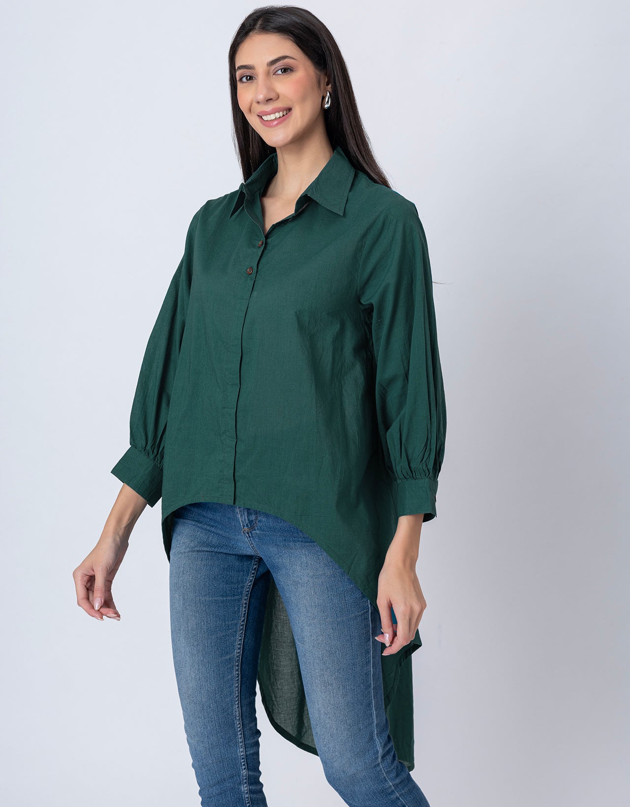 Asymmetrical Long Shirt Top,Classic Collar Casual Top