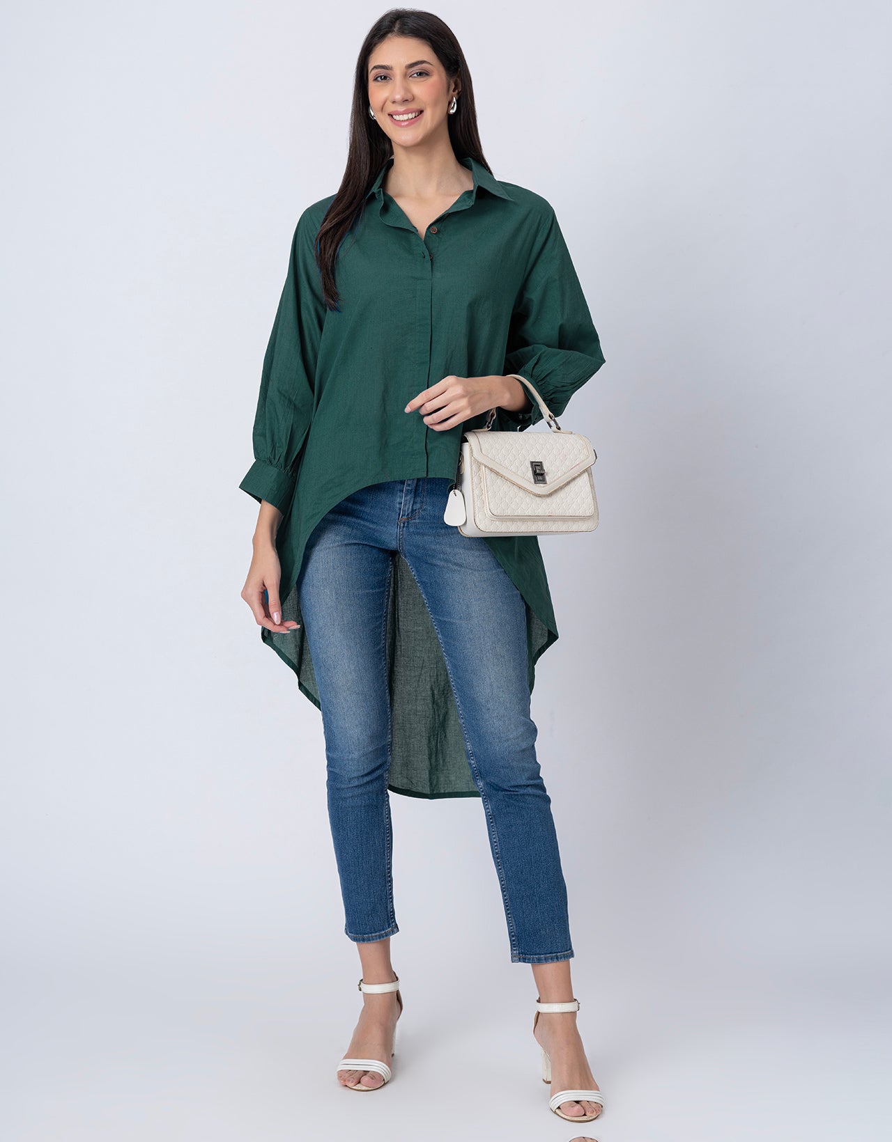 Asymmetrical Long Shirt Top,Classic Collar Casual Top