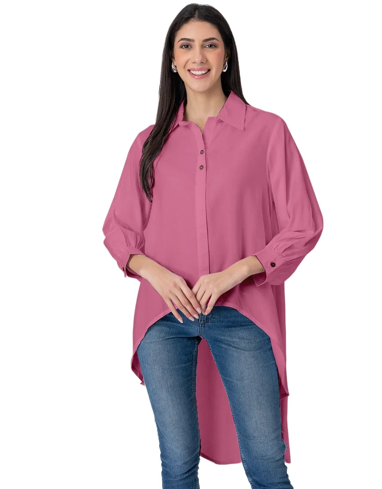 Asymmetrical Long Shirt Top,Classic Collar Casual Top