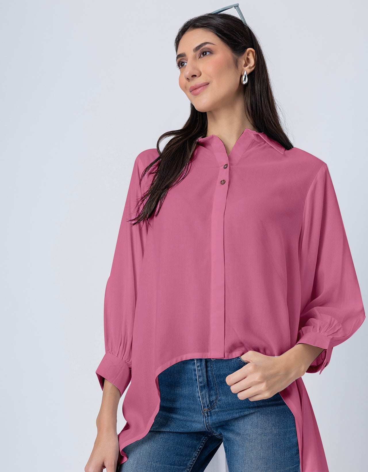 Asymmetrical Long Shirt Top,Classic Collar Casual Top