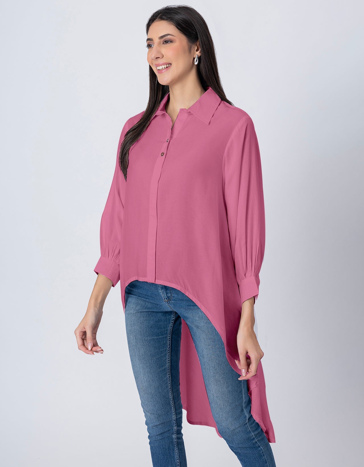 Asymmetrical Long Shirt Top,Classic Collar Casual Top