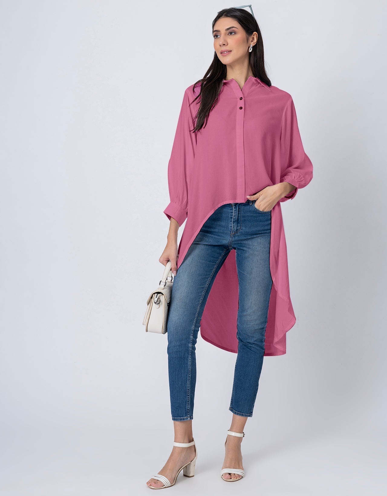Asymmetrical Long Shirt Top,Classic Collar Casual Top