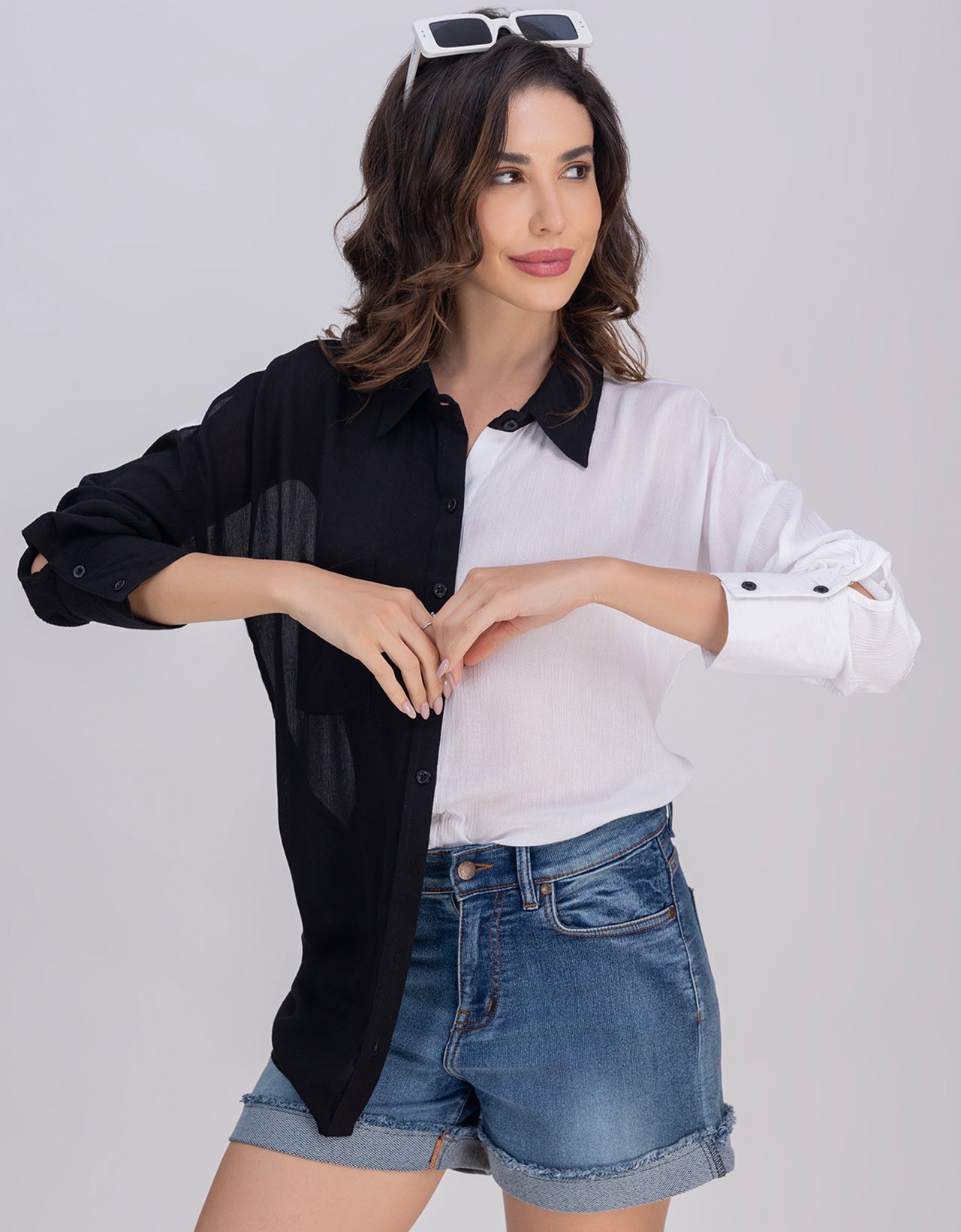 Moomaya Women's Crinkle Rayon Button-Down Shirt With Classic Collar
