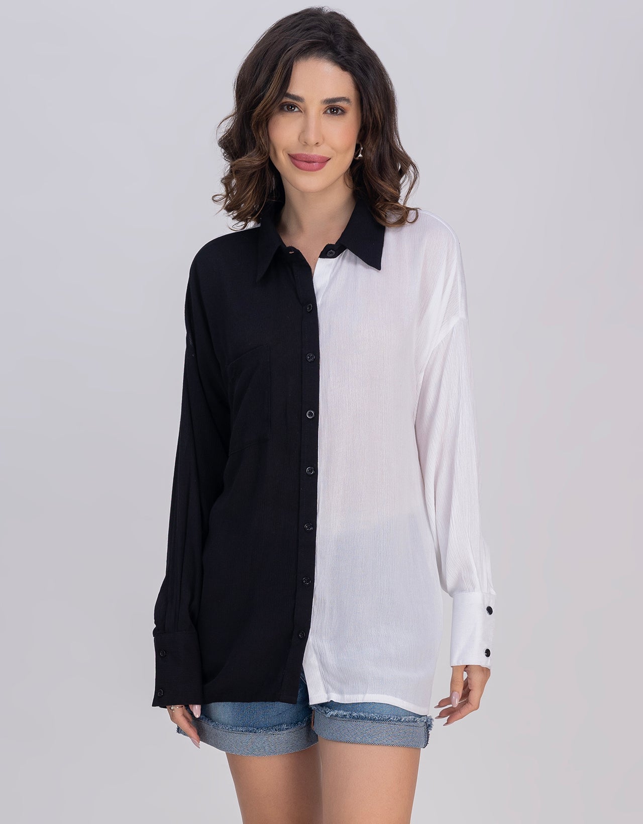 Moomaya Women's Crinkle Rayon Button-Down Shirt With Classic Collar