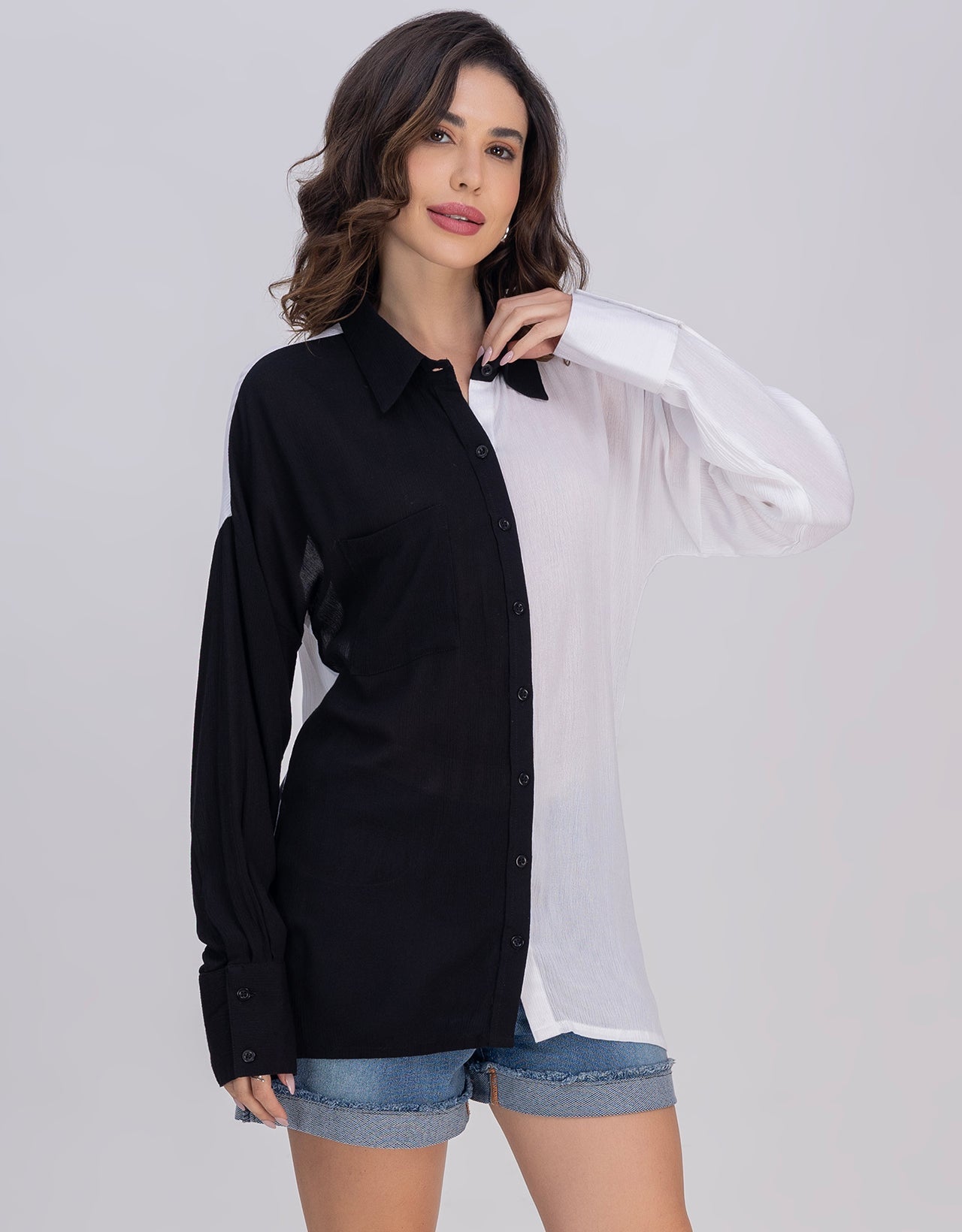 Moomaya Women's Crinkle Rayon Button-Down Shirt With Classic Collar