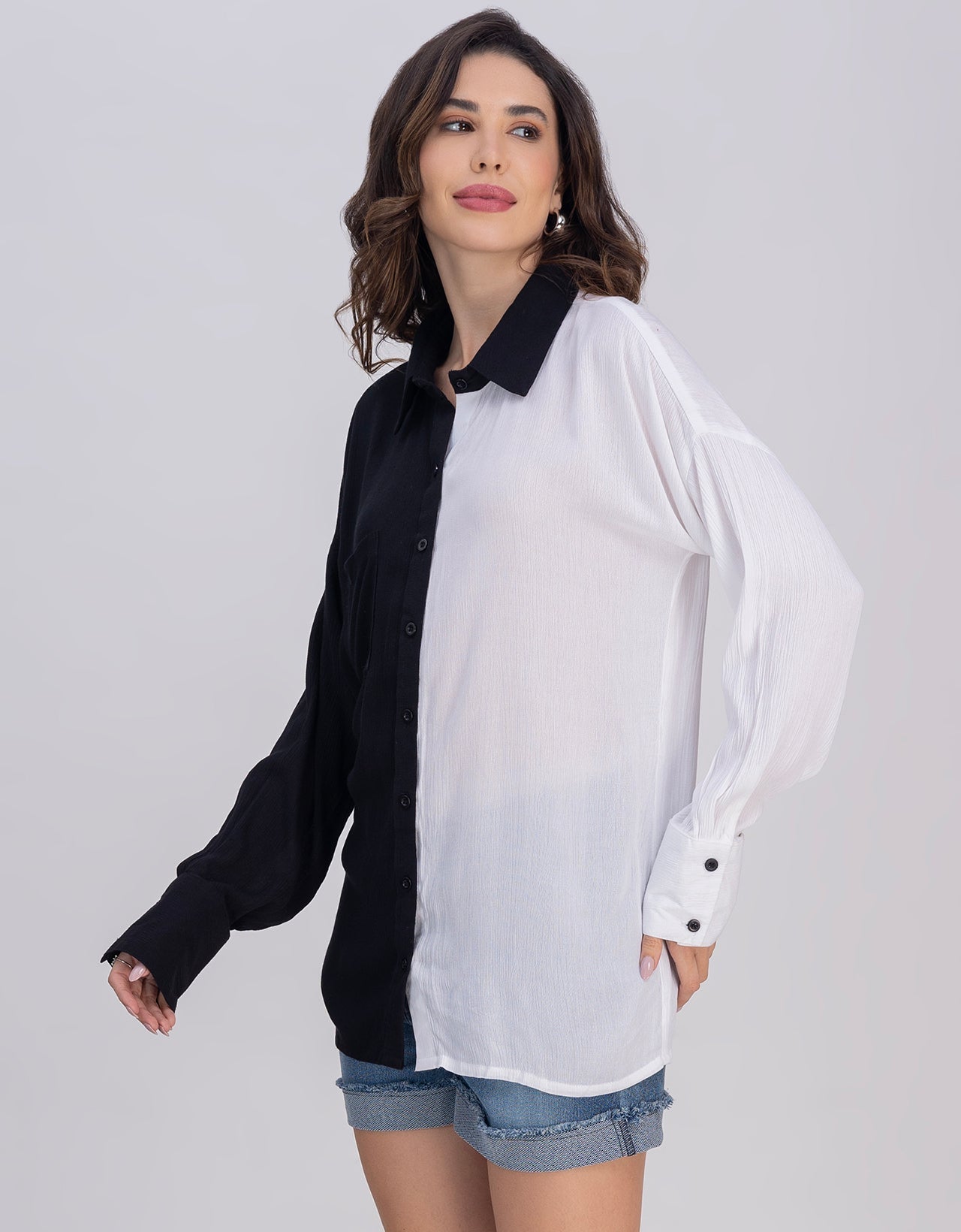 Moomaya Women's Crinkle Rayon Button-Down Shirt With Classic Collar