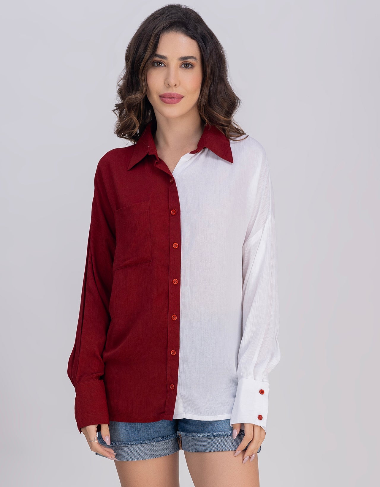 Moomaya Women's Crinkle Rayon Button-Down Shirt With Classic Collar