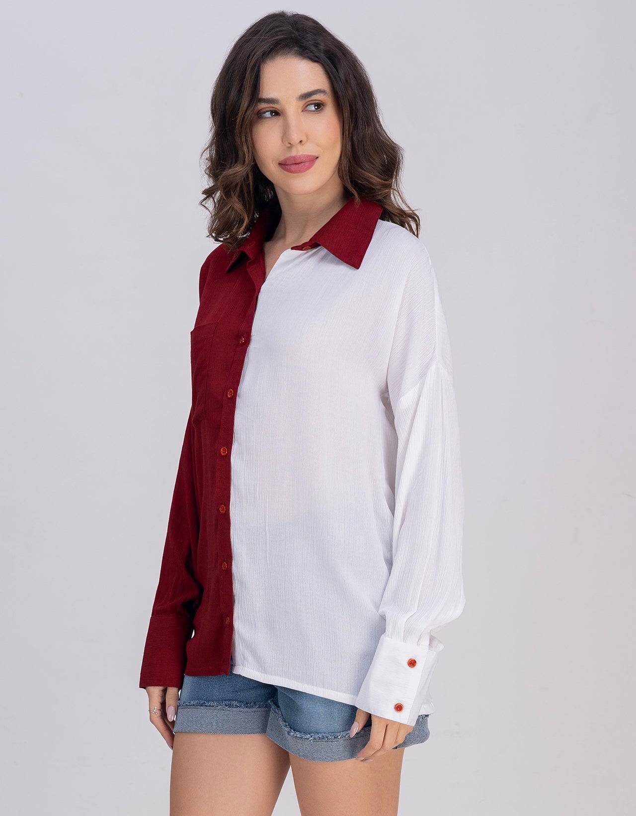 Moomaya Women's Crinkle Rayon Button-Down Shirt With Classic Collar