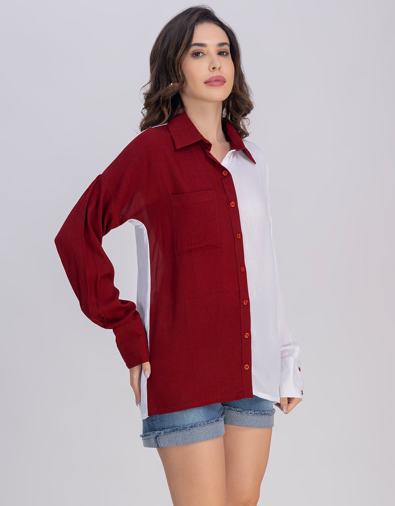 Moomaya Women's Crinkle Rayon Button-Down Shirt With Classic Collar