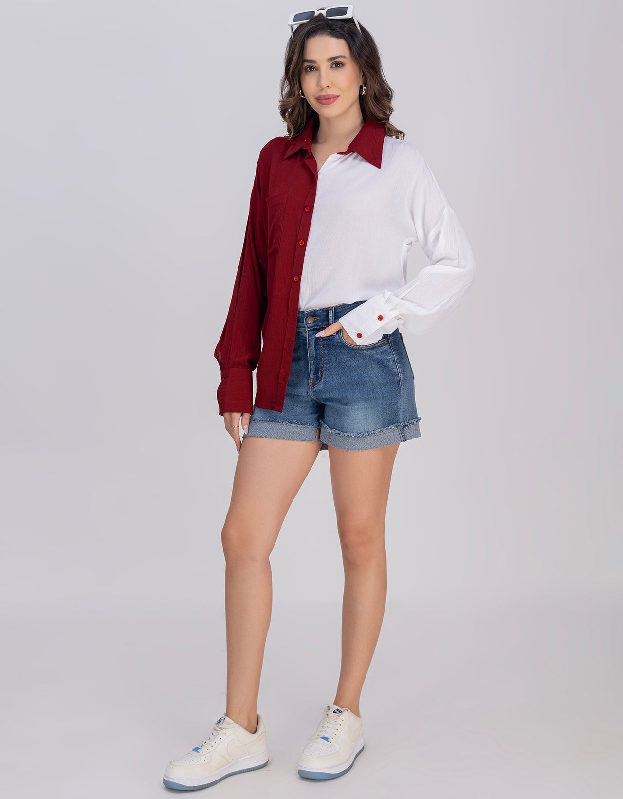 Moomaya Women's Crinkle Rayon Button-Down Shirt With Classic Collar