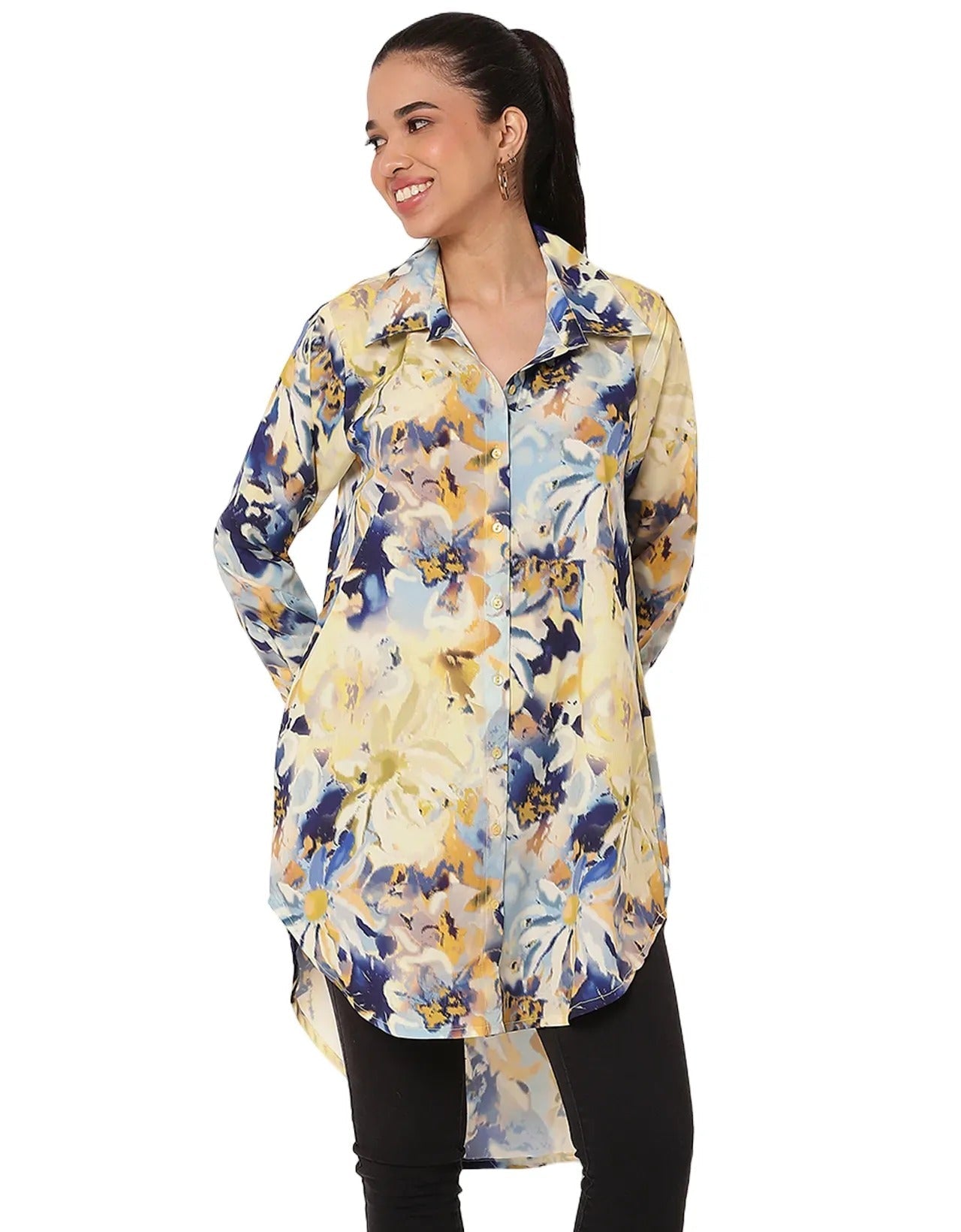 Long Collared Button Down High-Low Hem Shirt Dress