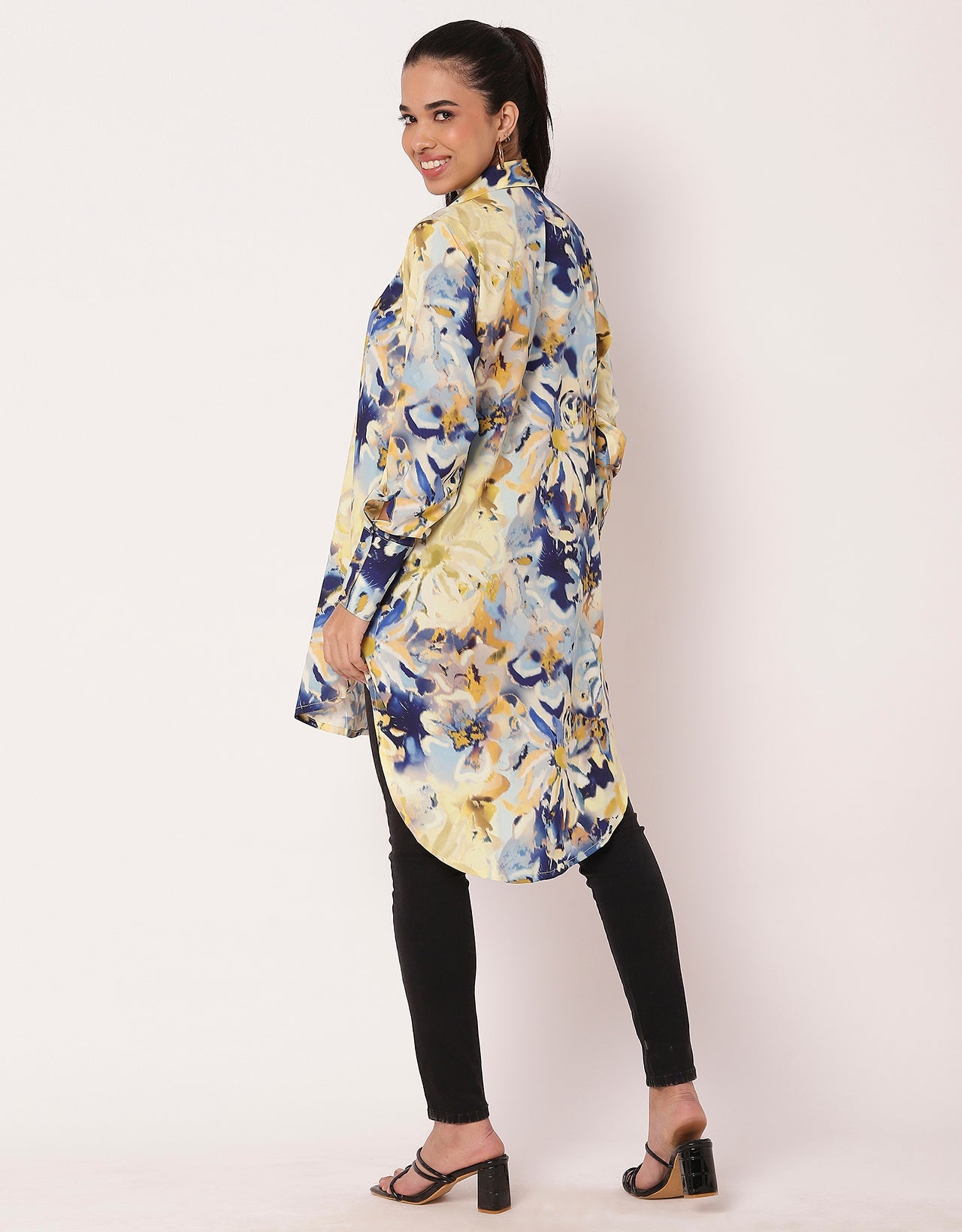 Long Collared Button Down High-Low Hem Shirt Dress