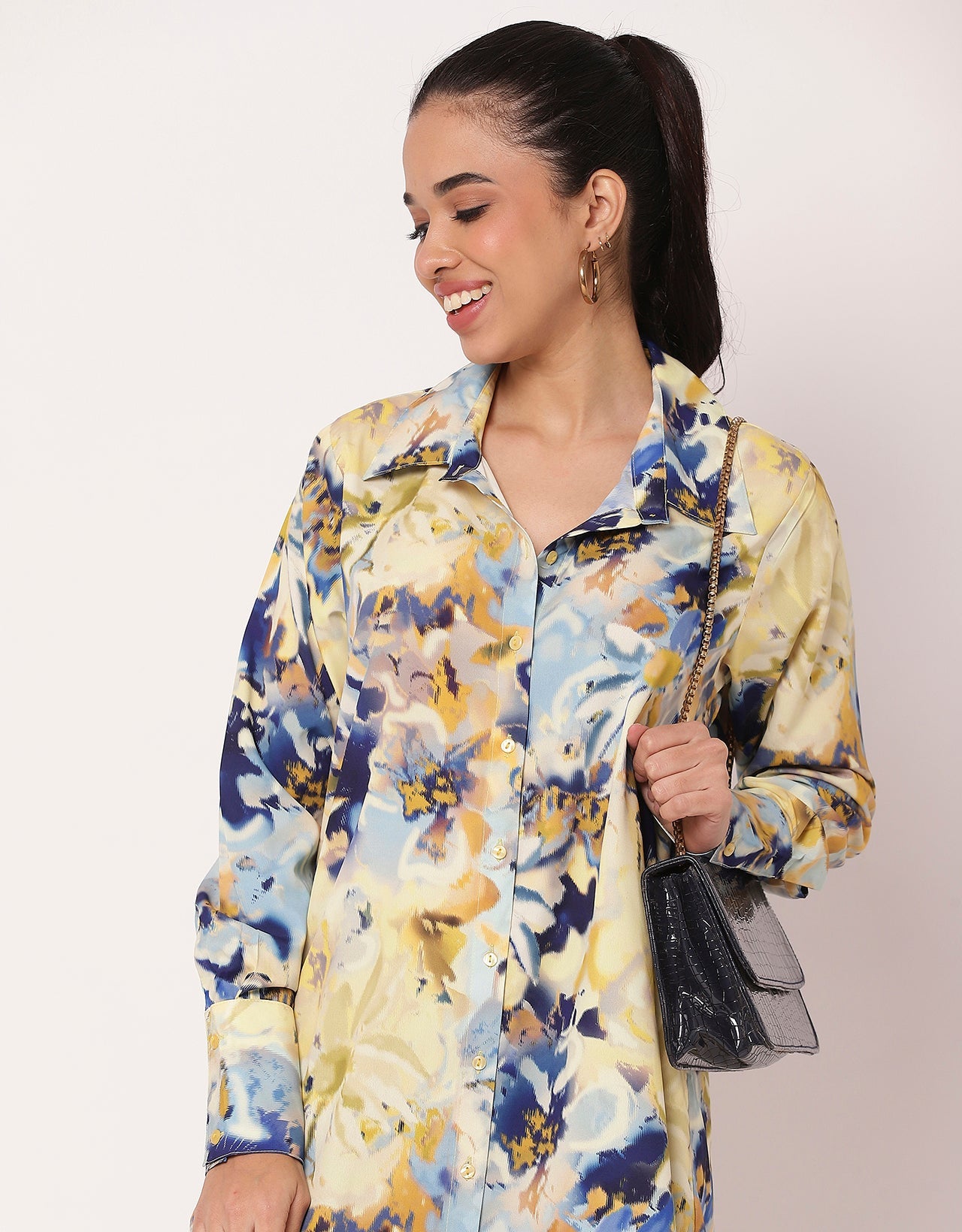 Long Collared Button Down High-Low Hem Shirt Dress