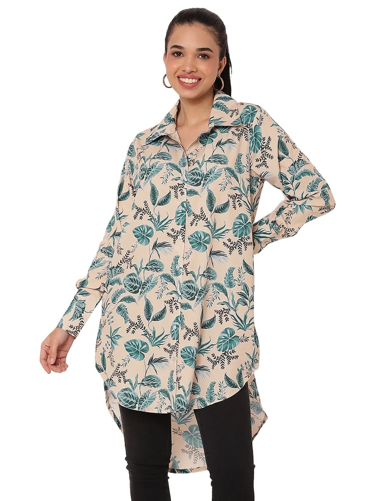 Long Collared Button Down High-Low Hem Shirt Dress