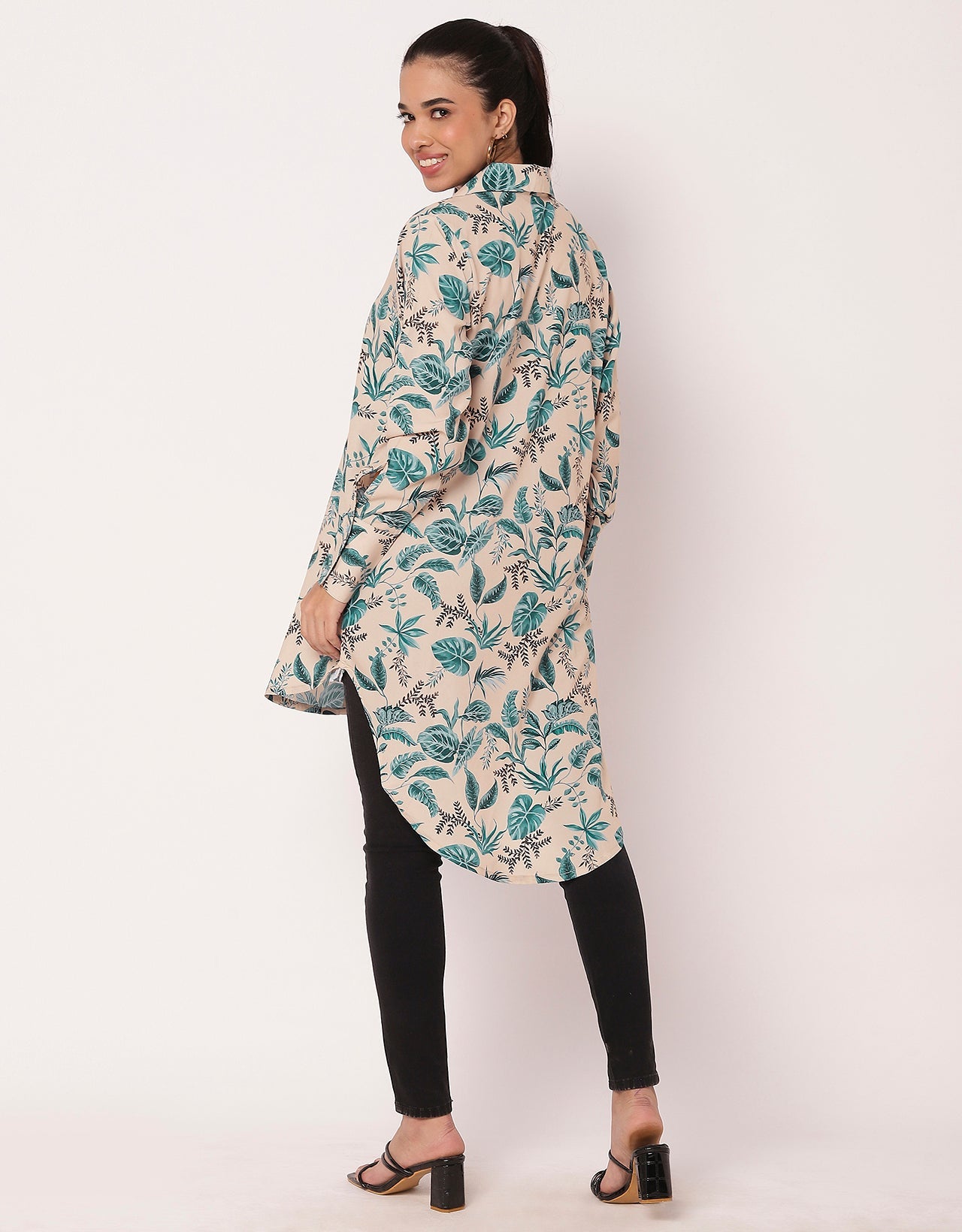 Long Collared Button Down High-Low Hem Shirt Dress