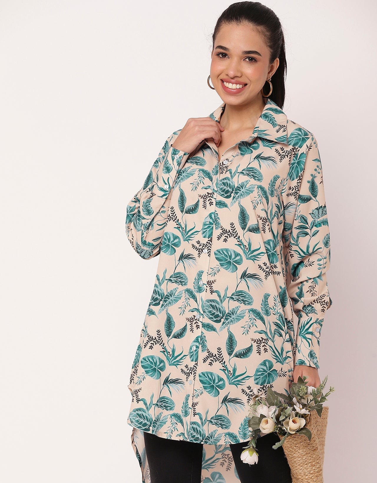 Long Collared Button Down High-Low Hem Shirt Dress