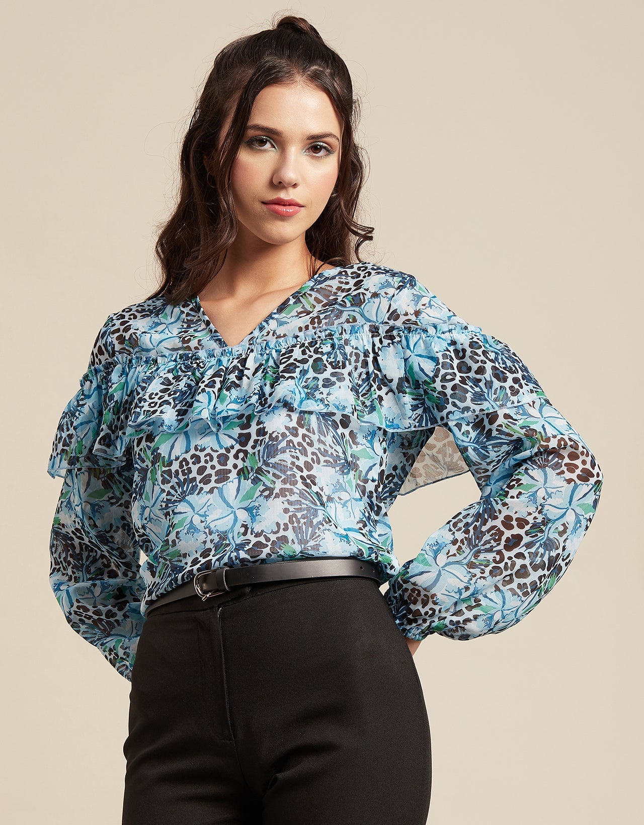 Ruffle Sheer Tunic Top