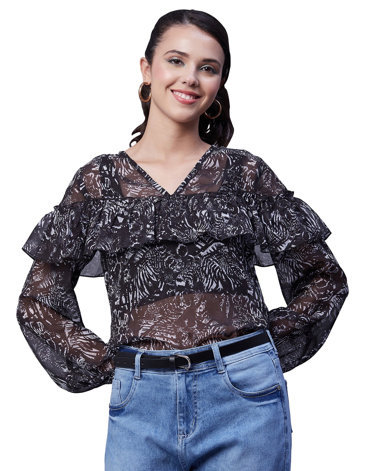 Ruffle Sheer Tunic Top
