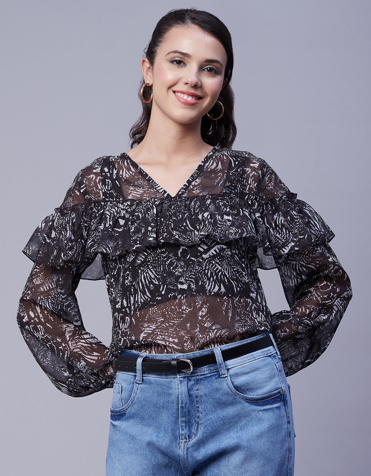 Ruffle Sheer Tunic Top