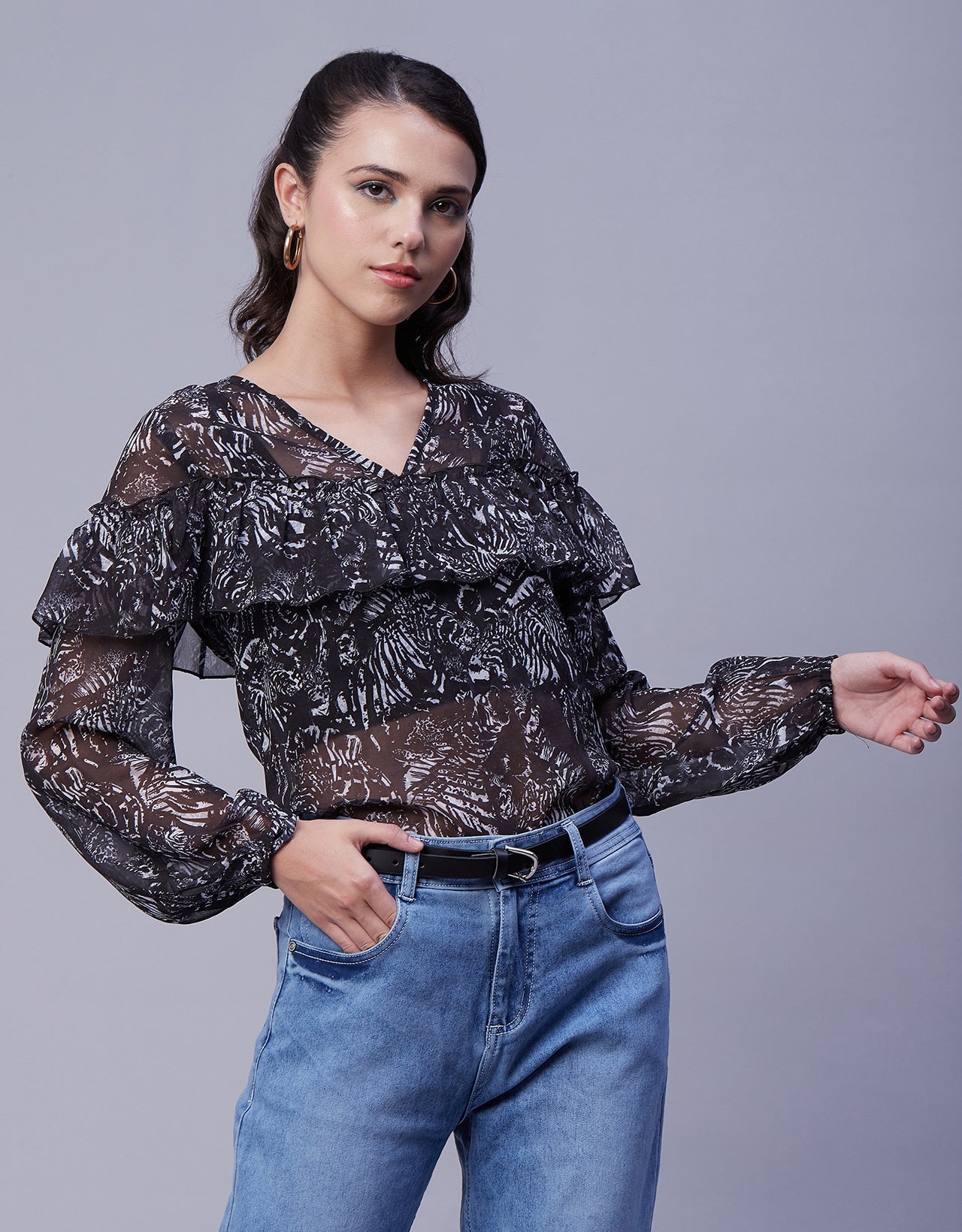 Ruffle Sheer Tunic Top