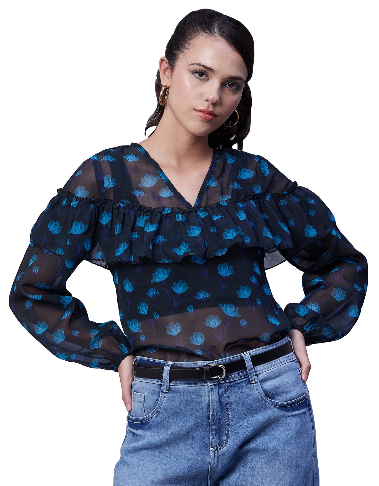 Ruffle Sheer Tunic Top