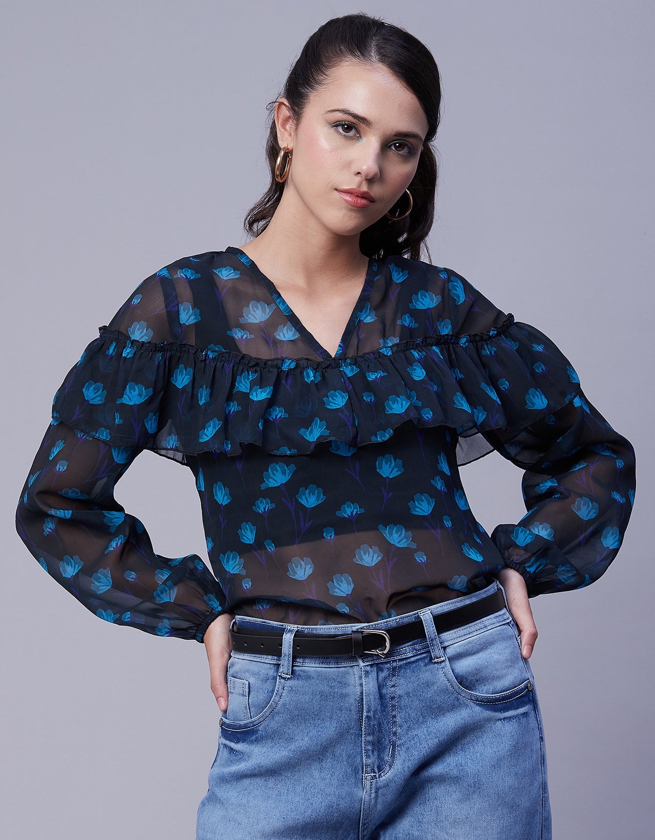 Ruffle Sheer Tunic Top