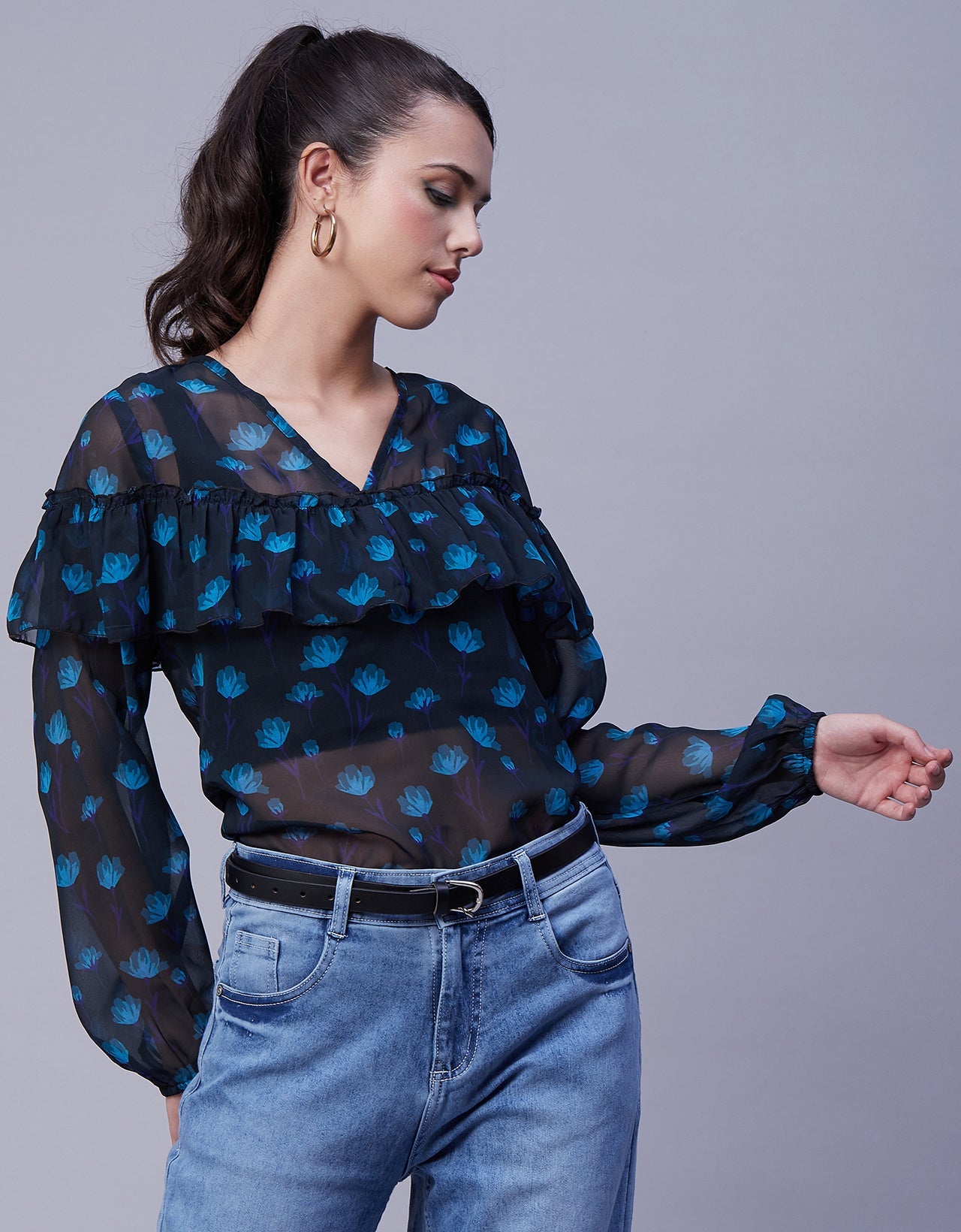 Ruffle Sheer Tunic Top