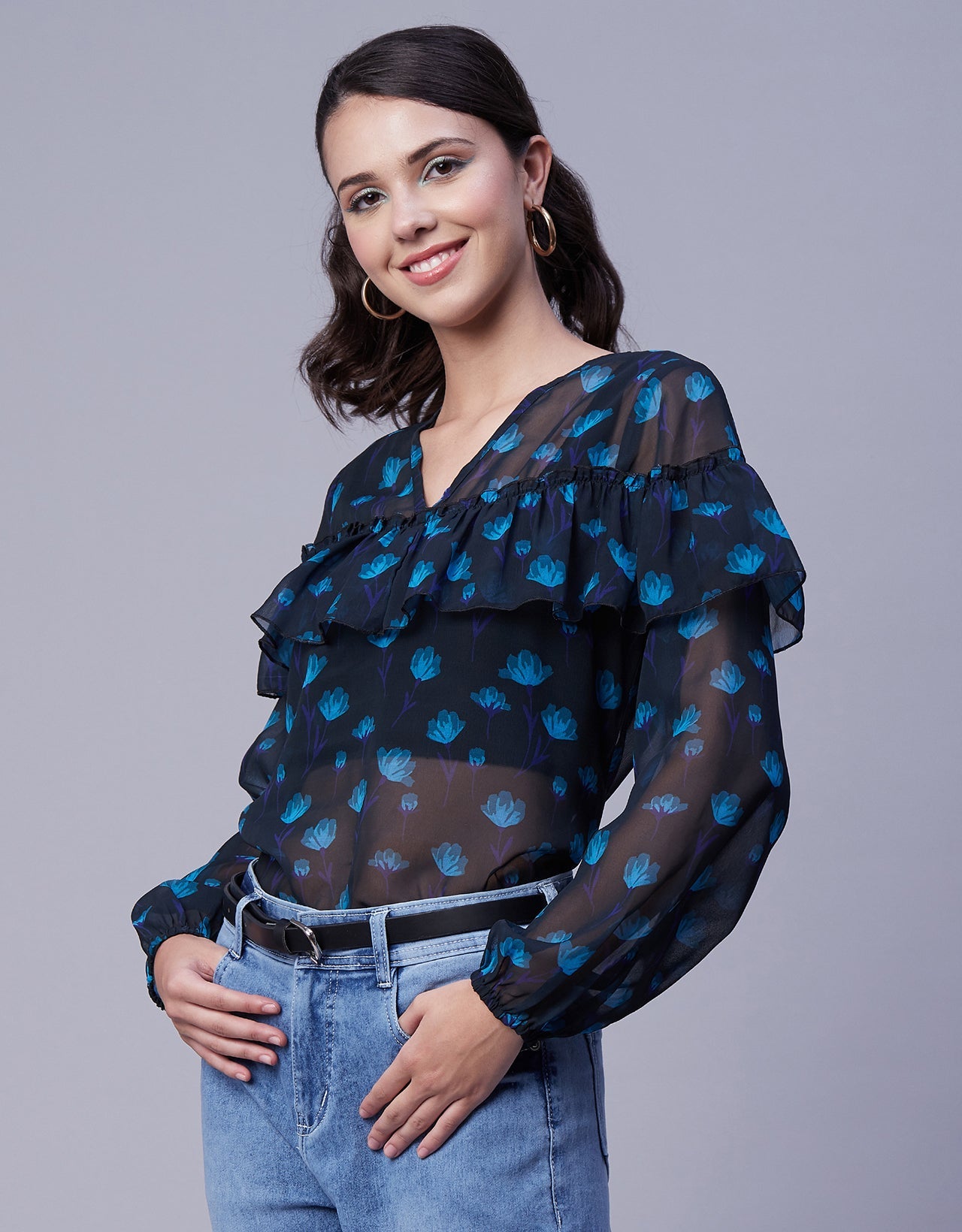 Ruffle Sheer Tunic Top
