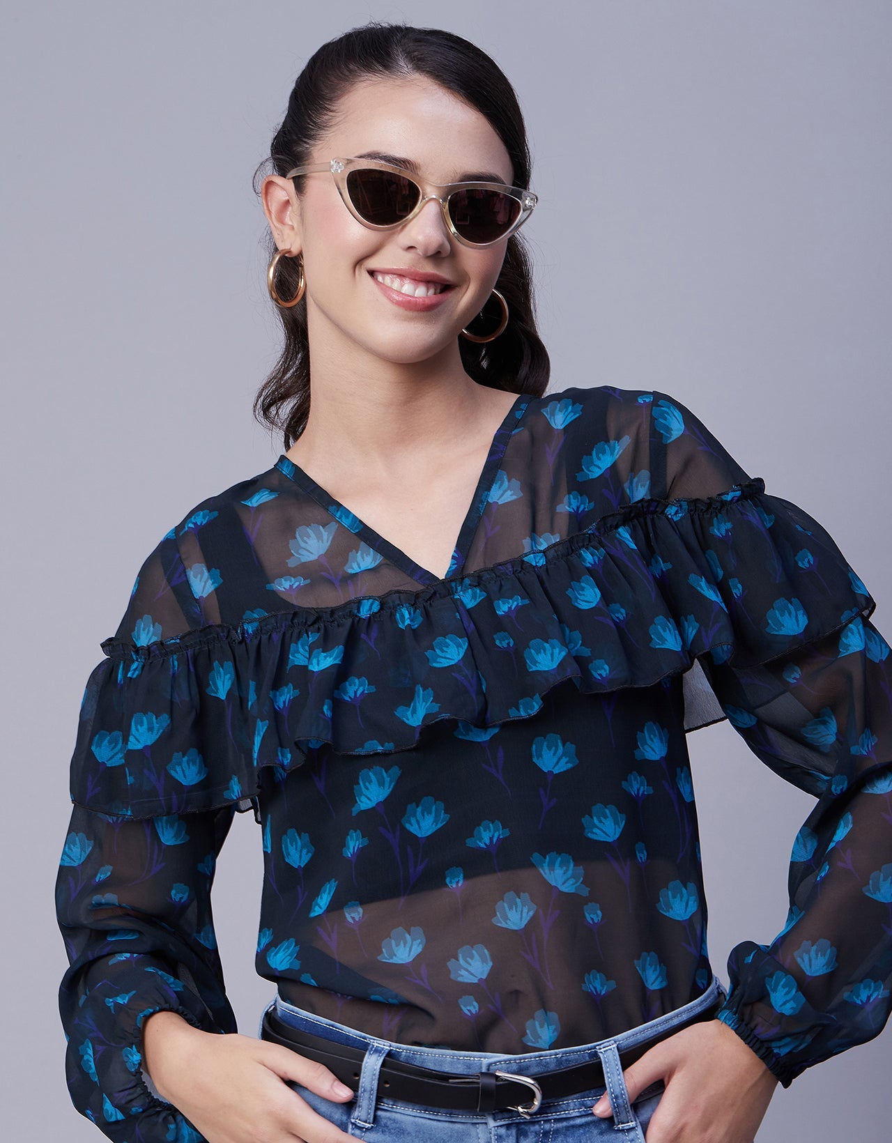 Ruffle Sheer Tunic Top