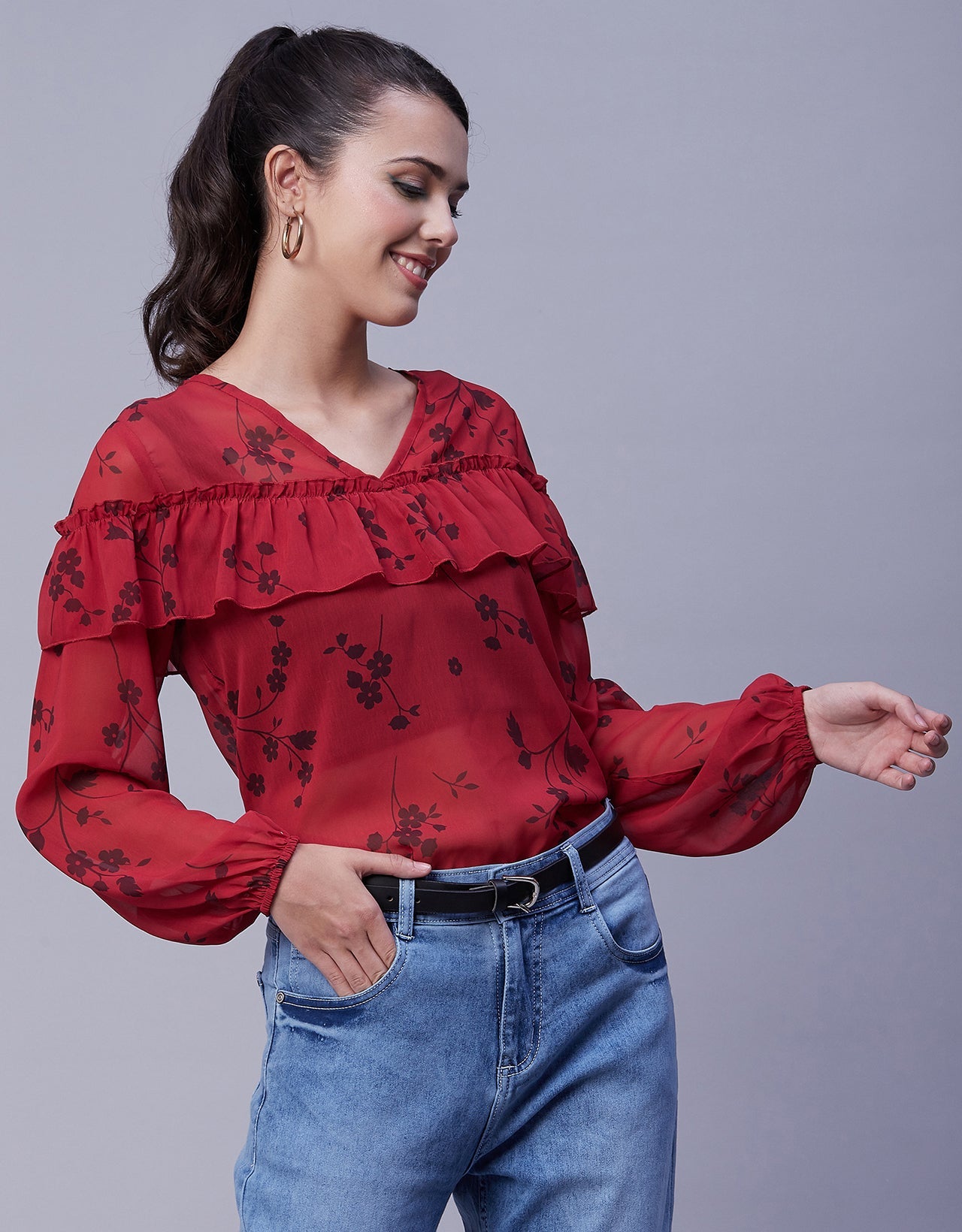 Ruffle Sheer Tunic Top