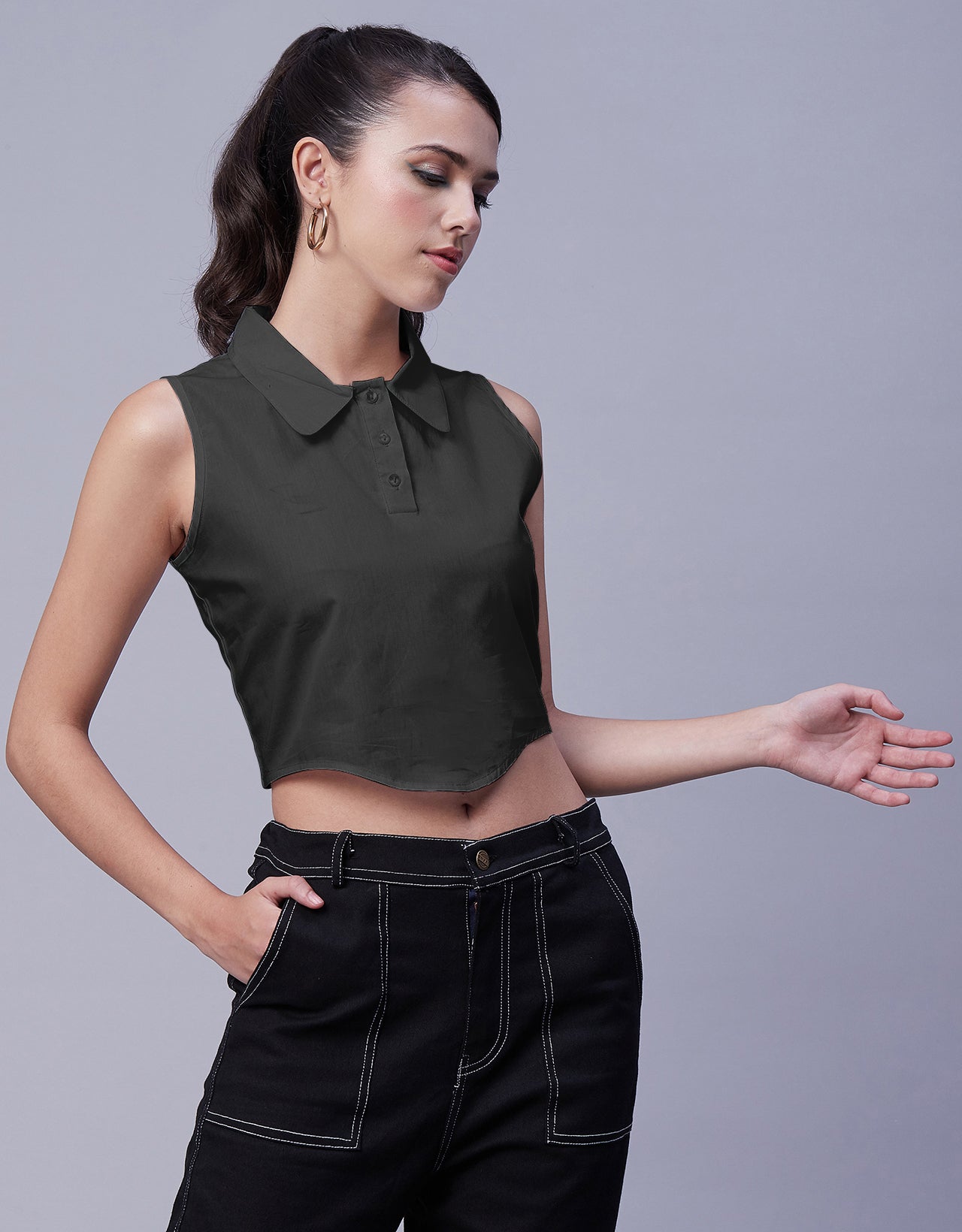 Solid Collar Neck Crop Top