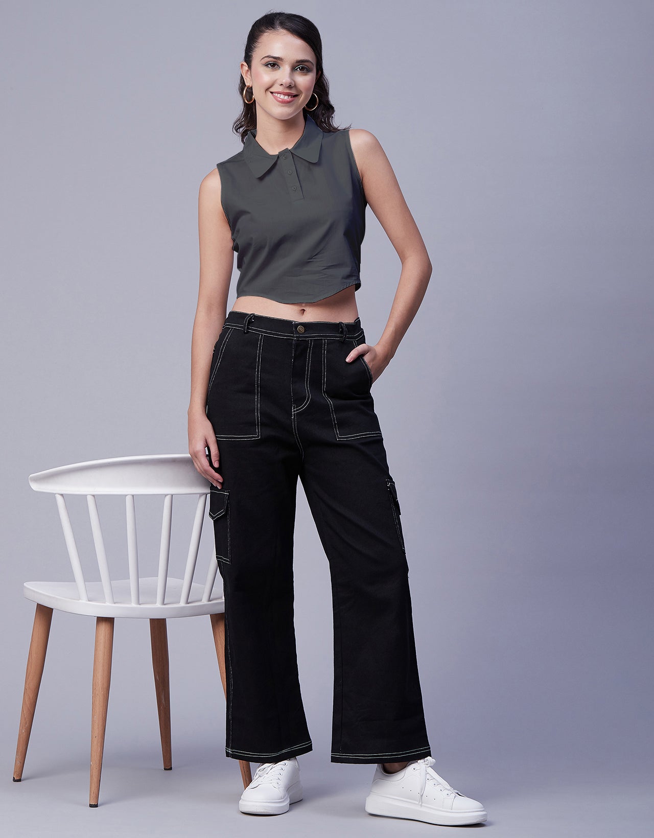 Solid Collar Neck Crop Top