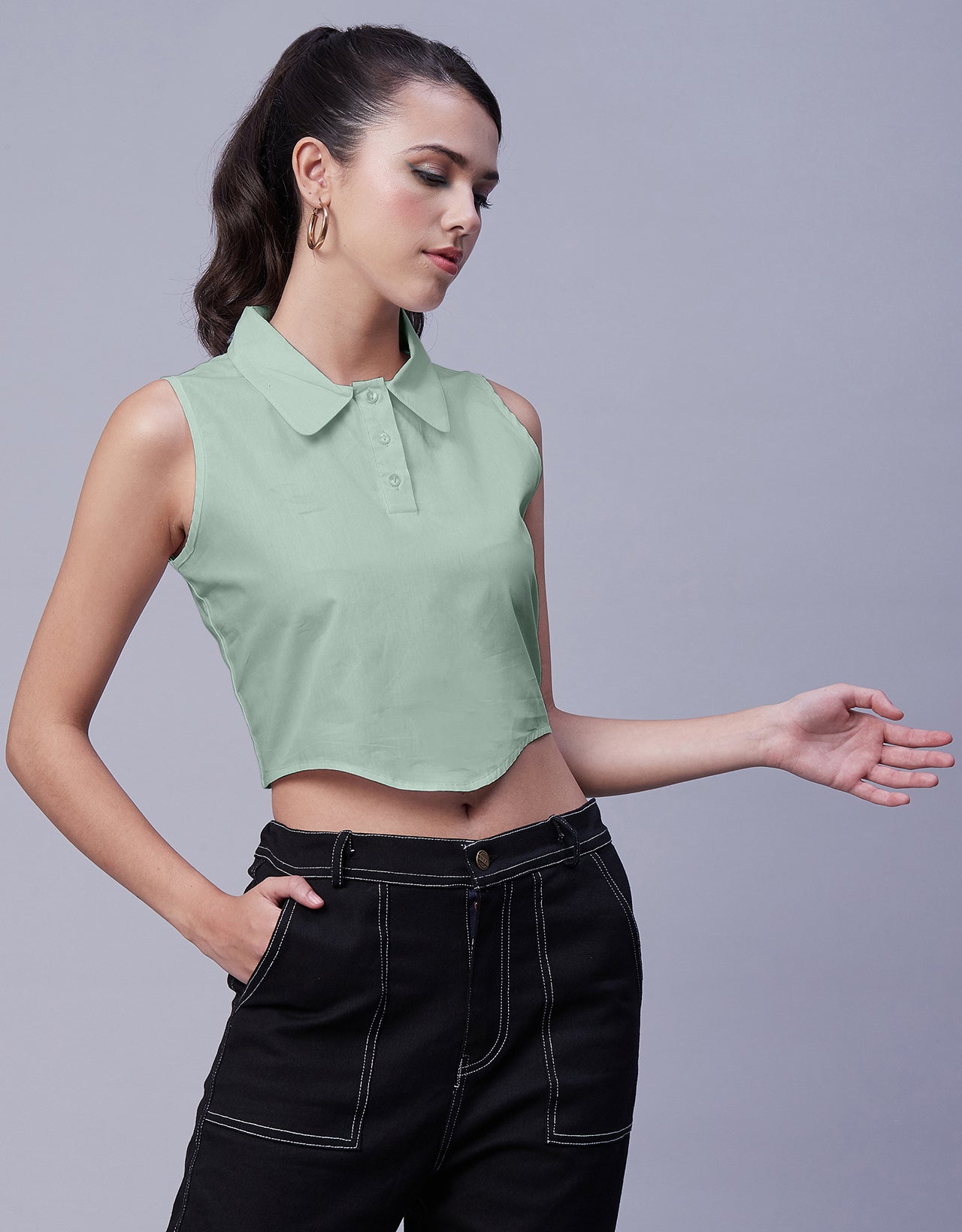 Solid Collar Neck Crop Top