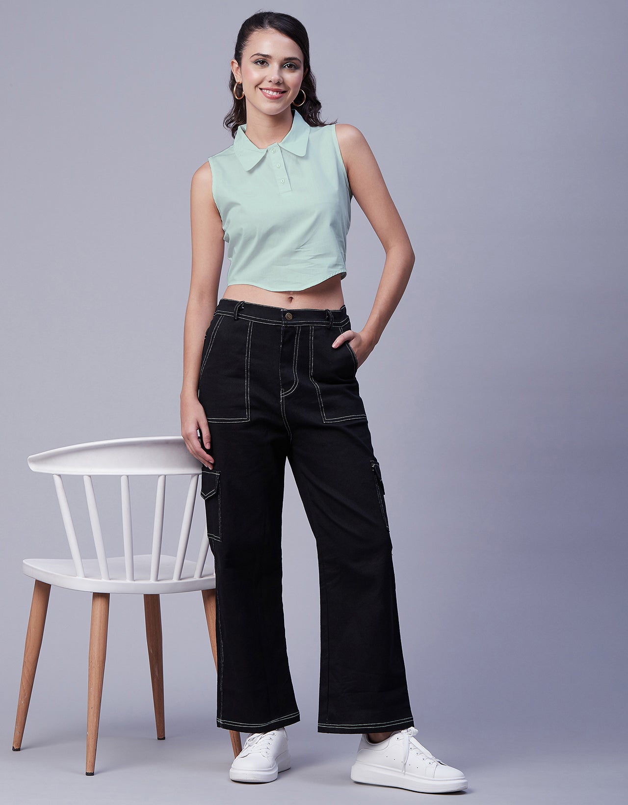 Solid Collar Neck Crop Top