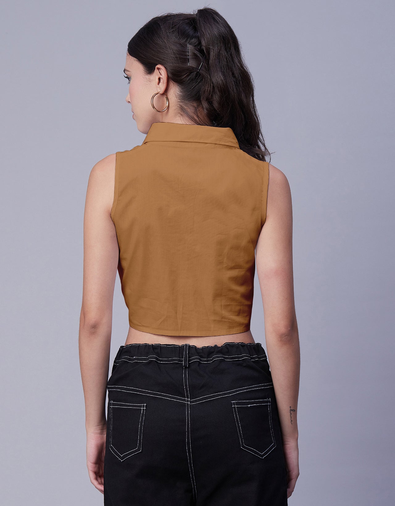 Solid Collar Neck Crop Top