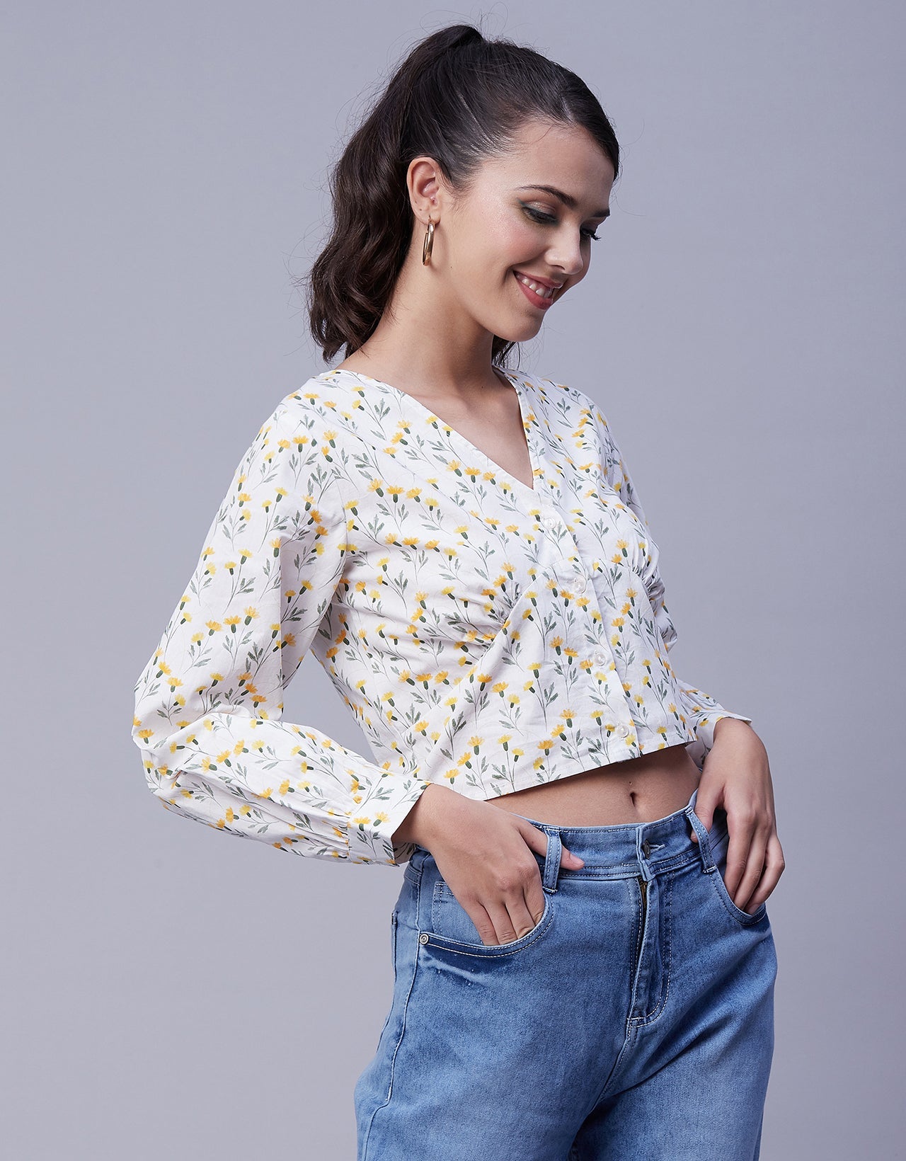 Printed Long Sleeve Crop Top
