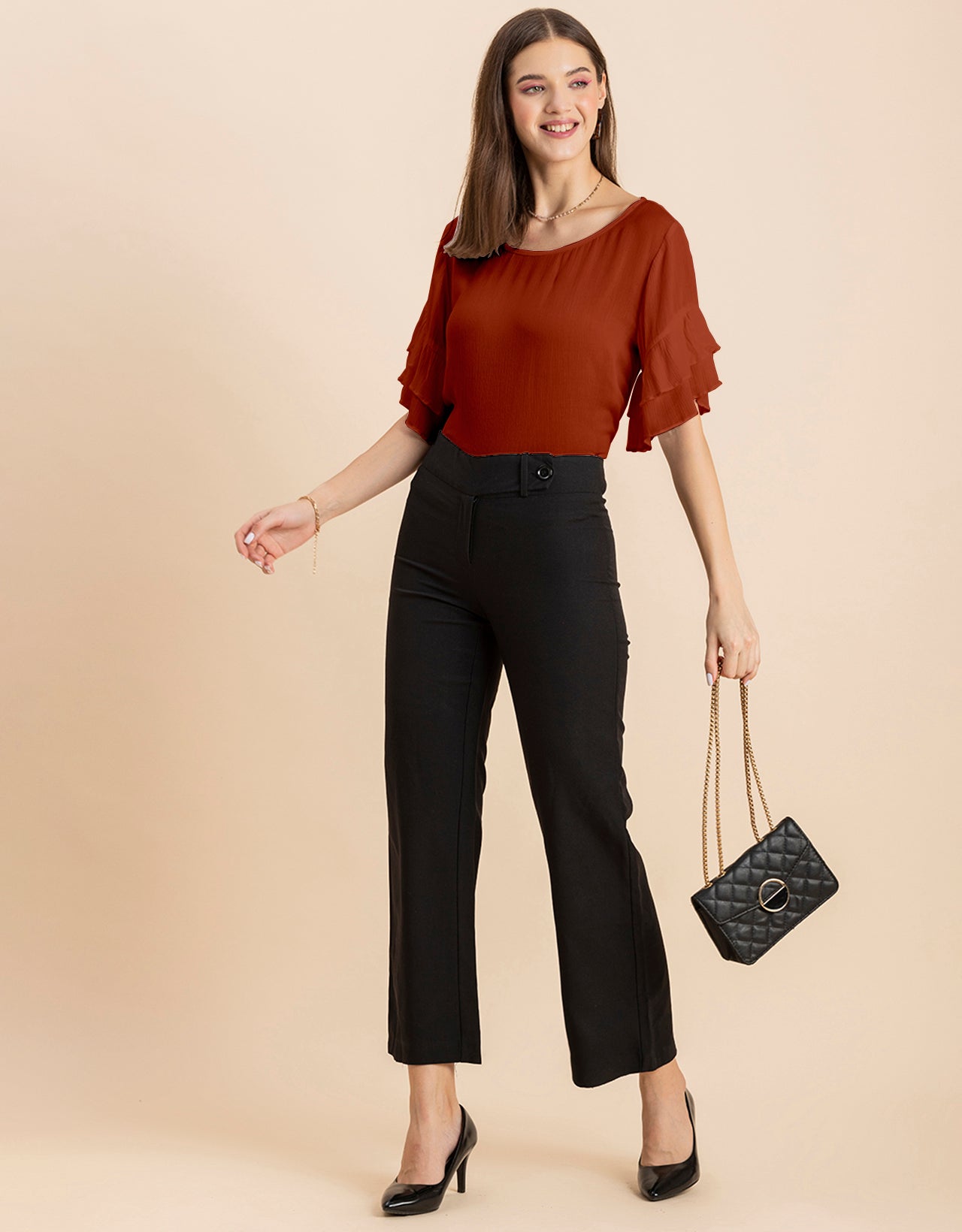 Solid Ruffled Bell Sleeve Top