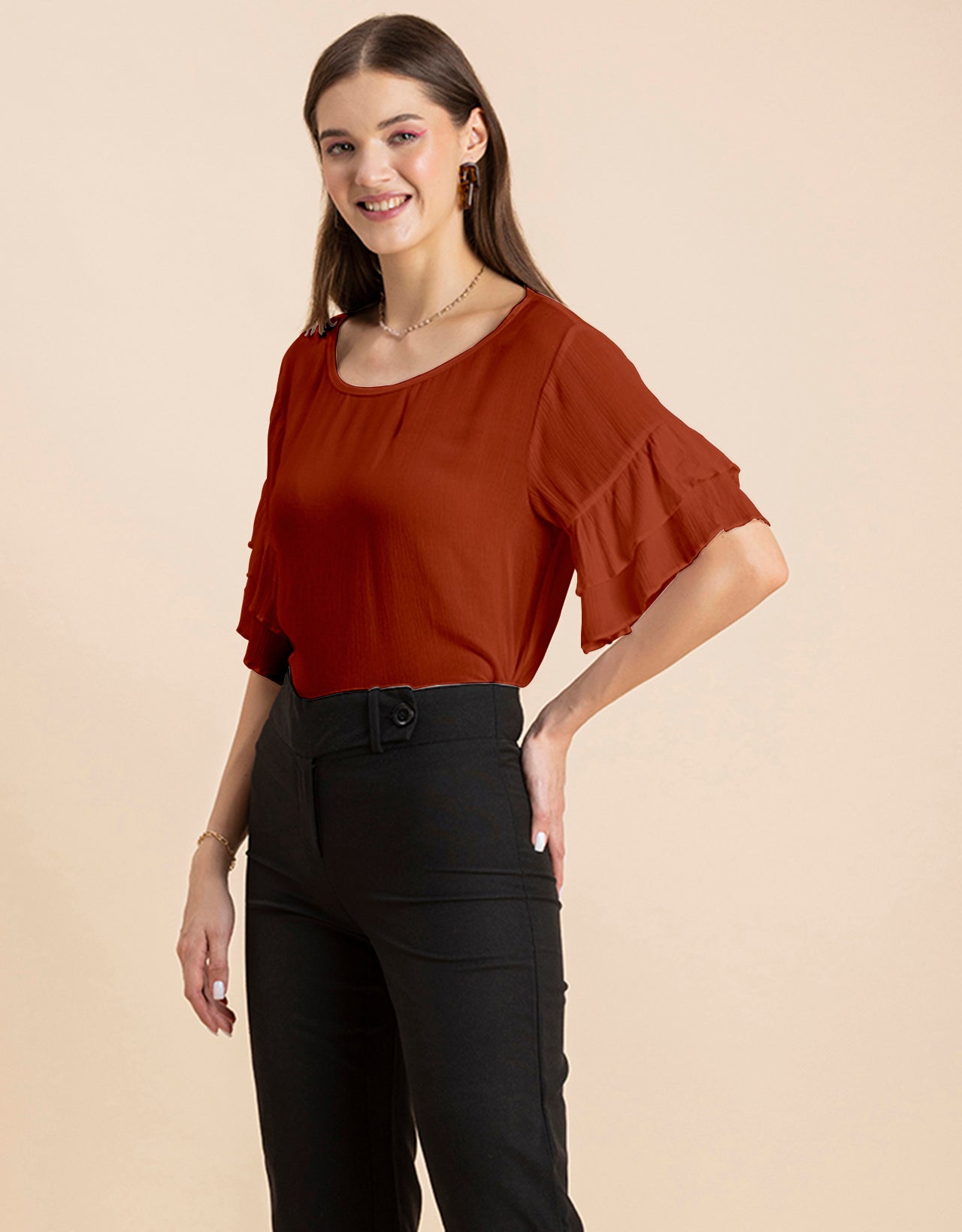 Solid Ruffled Bell Sleeve Top