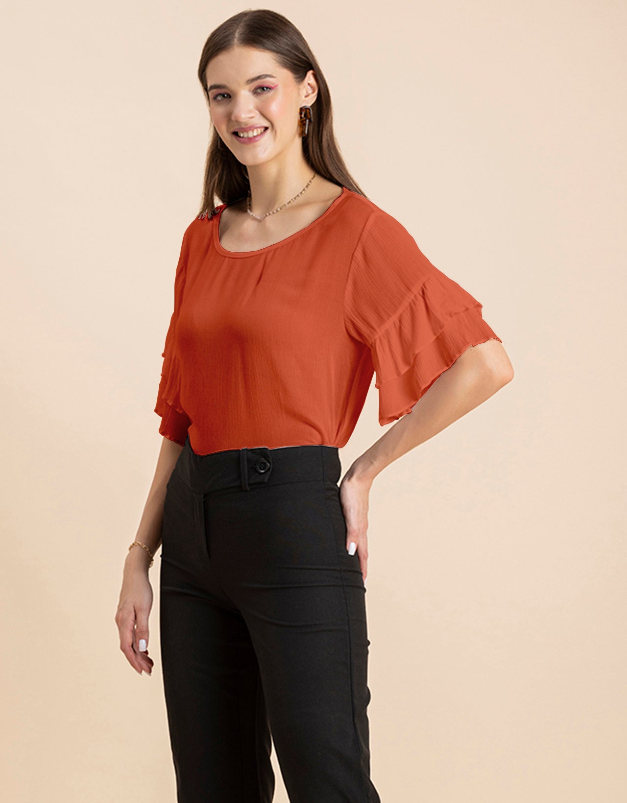 Solid Ruffled Bell Sleeve Top