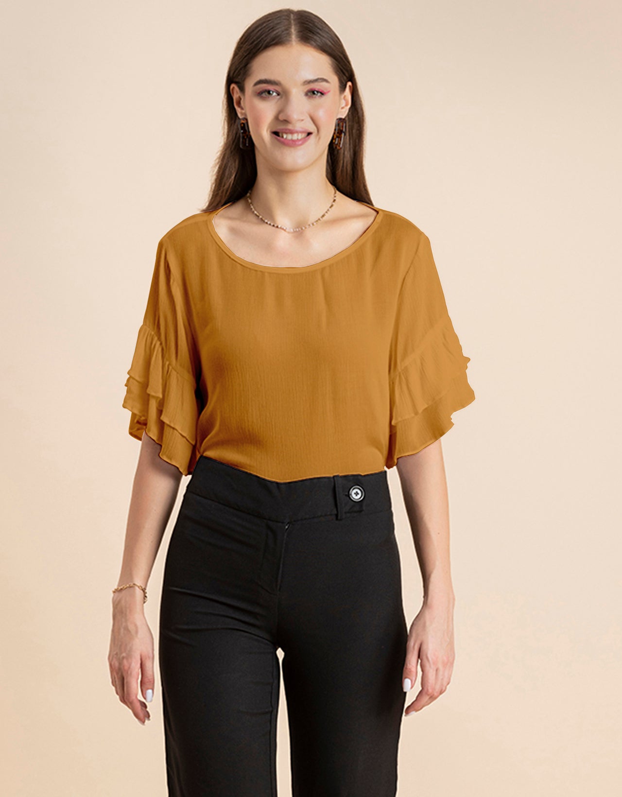 Solid Ruffled Bell Sleeve Top