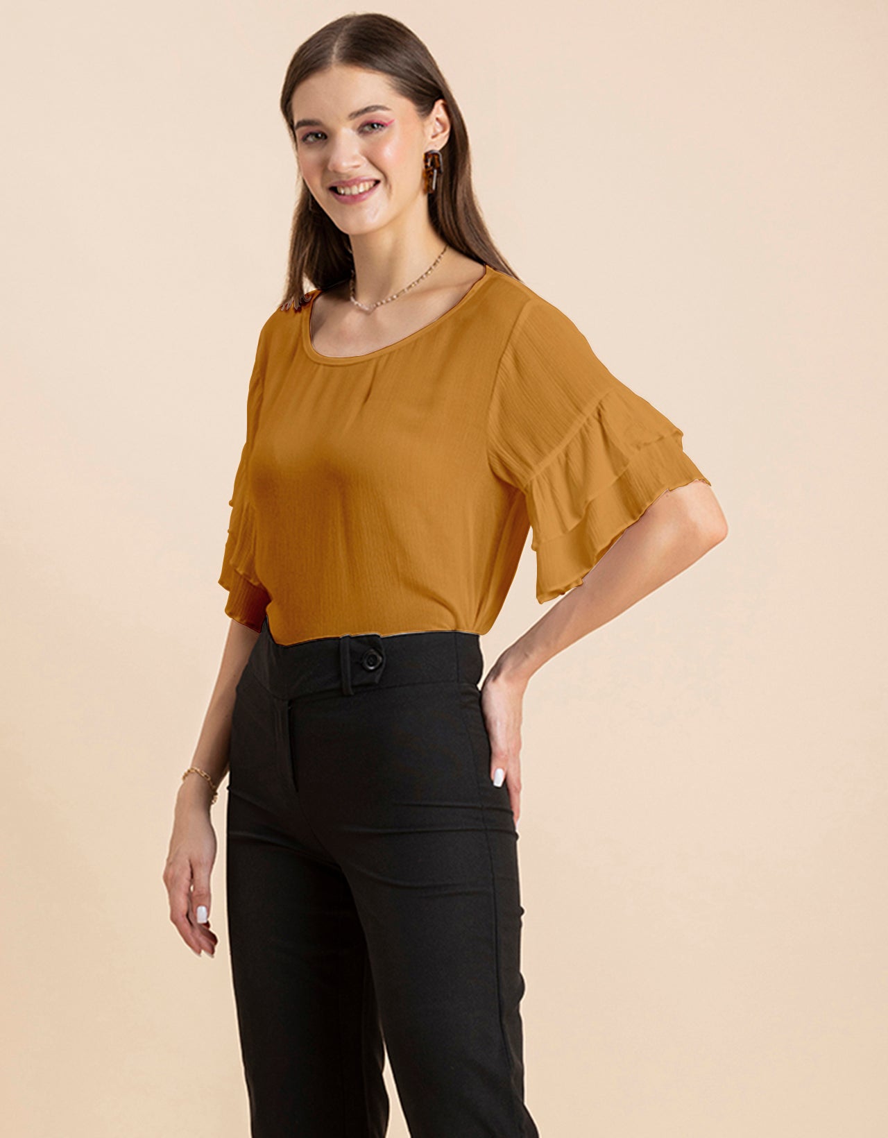 Solid Ruffled Bell Sleeve Top