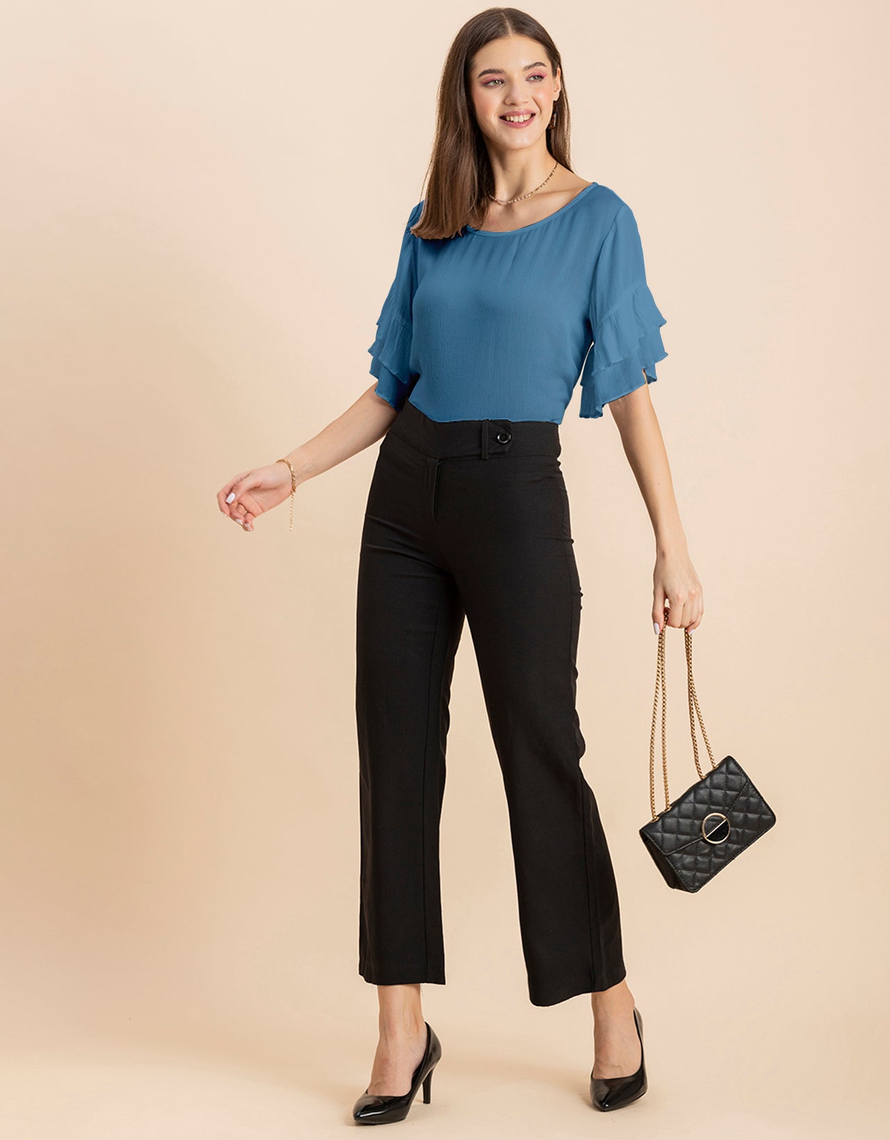 Solid Ruffled Bell Sleeve Top