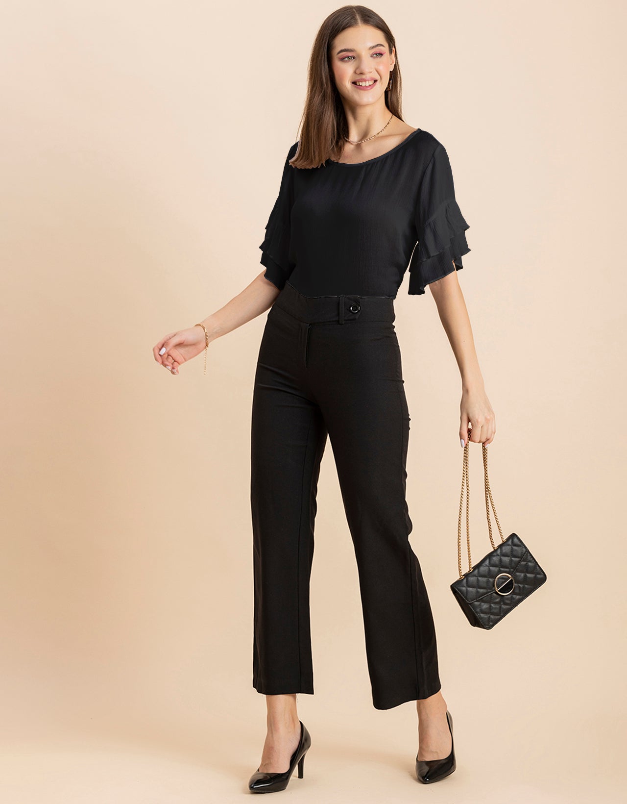 Solid Ruffled Bell Sleeve Top