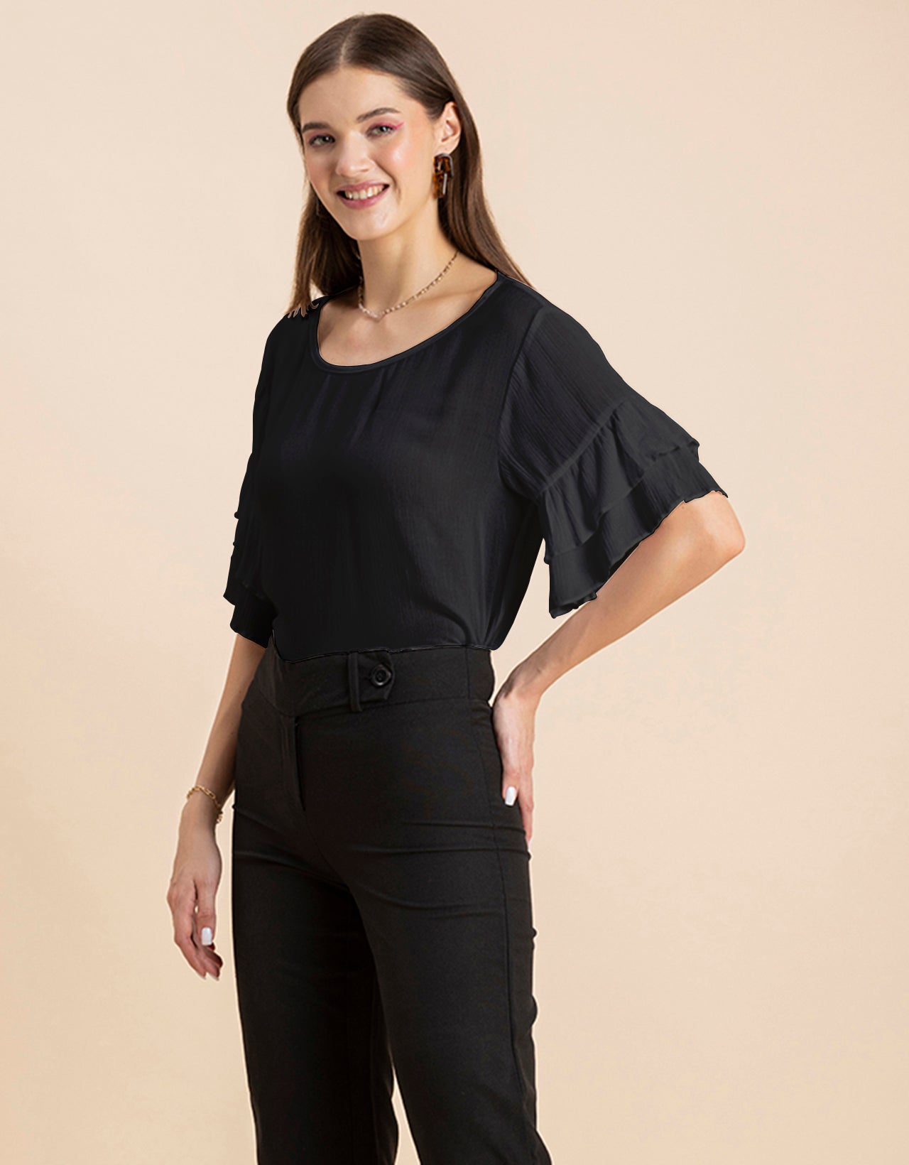 Solid Ruffled Bell Sleeve Top