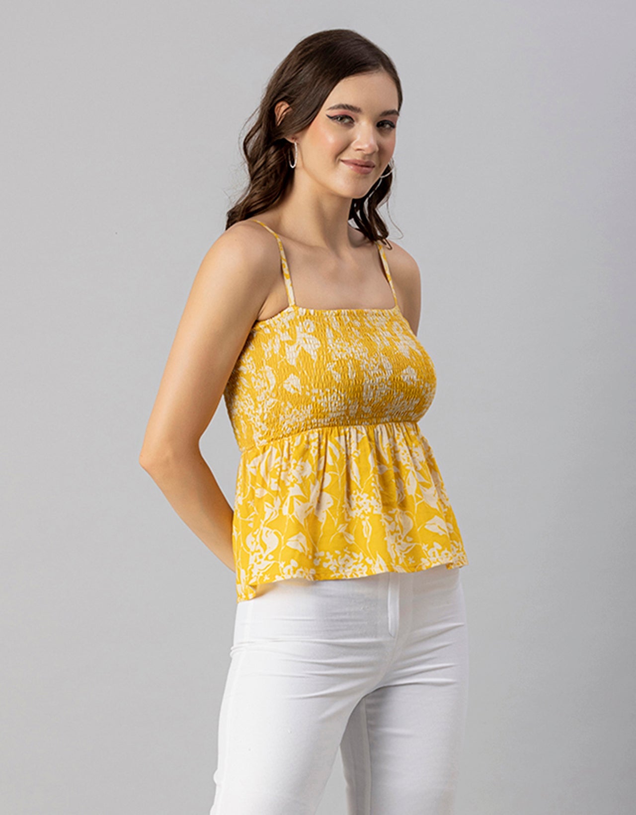 Printed Square Neck Smocked Top
